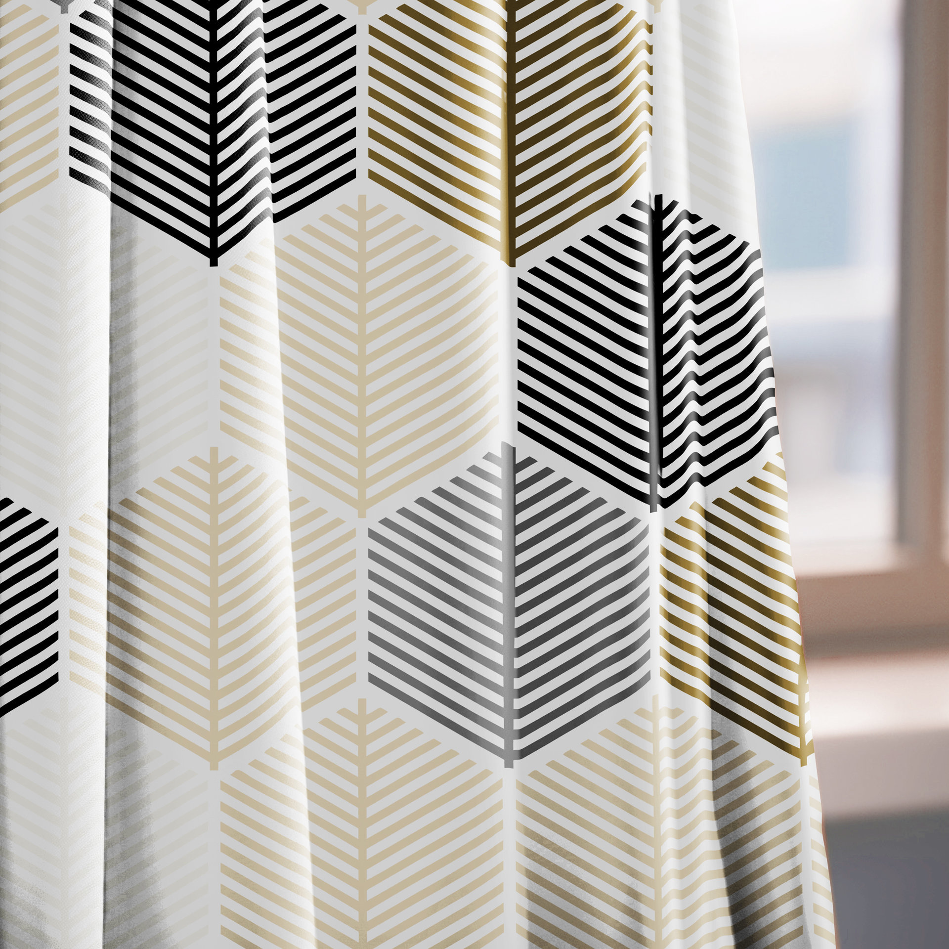 Neutral Japandi Window Curtains, Honeycomb Pattern Rod Pocket Panels