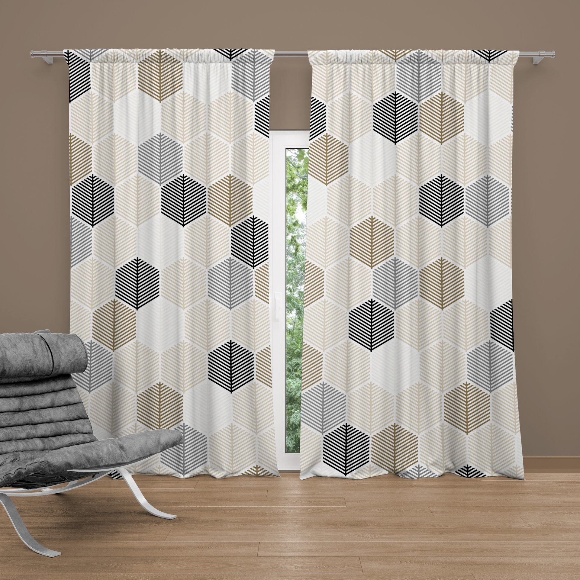 Neutral Japandi Window Curtains, Honeycomb Pattern Rod Pocket Panels