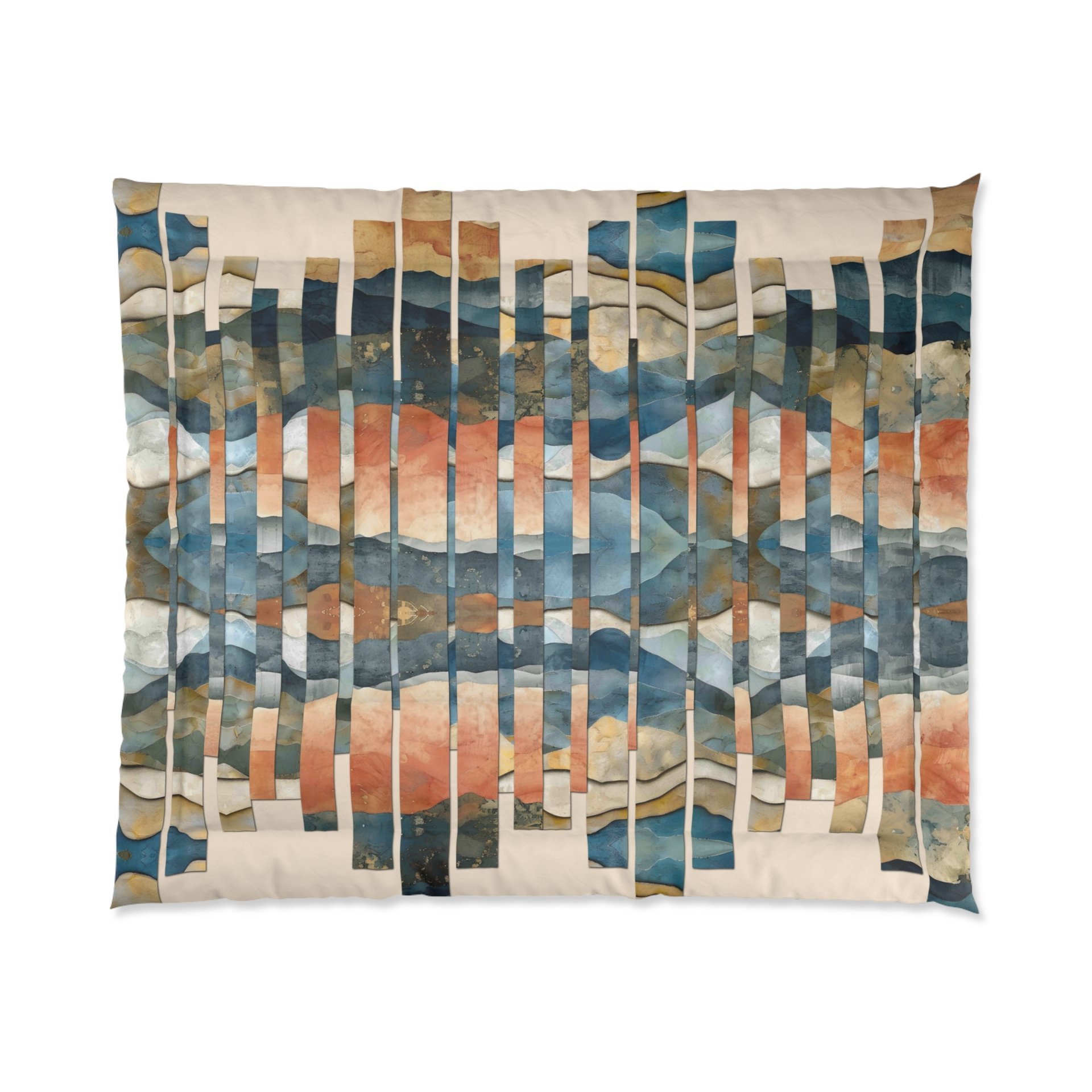 King comforter. This design features a geometric, abstract landscape pattern composed of vertical strips that create a fragmented, kaleidoscopic effect. The color palette blends earthy tones of rust, beige, and ochre, with cool blues and muted greens, evoking a stylized horizon or mountain range reflected in water.