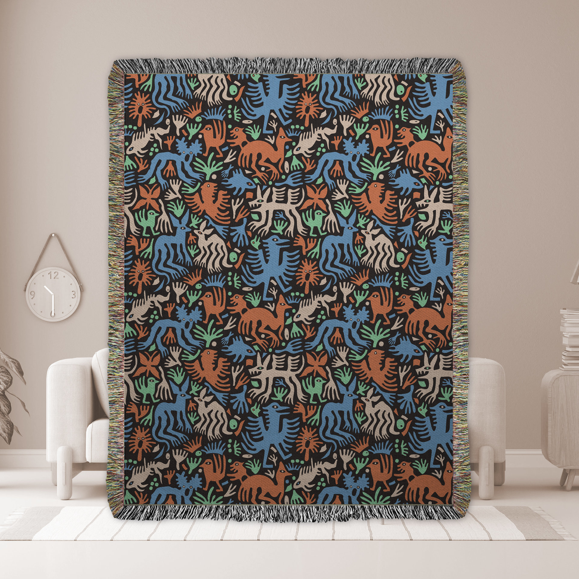 Multicolor Whimsical Animals and Plants Woven Cotton Blanket