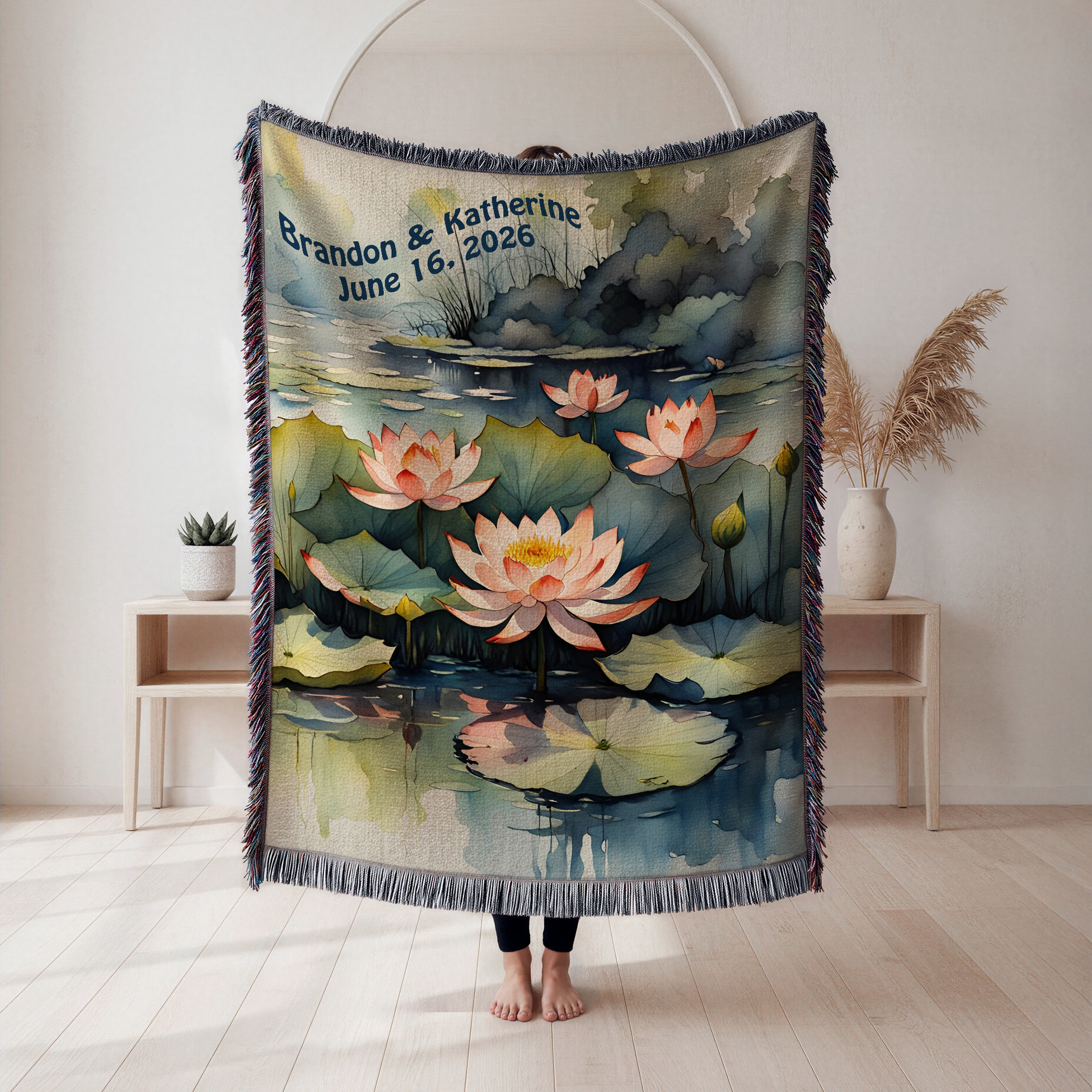 Personalized Pink Waterlilies Woven Blanket - Vertical