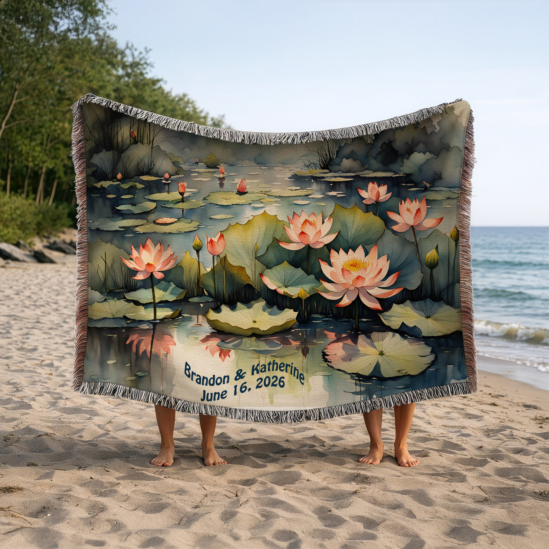 Personalized Pink Waterlilies Woven Blanket - Horizontal.