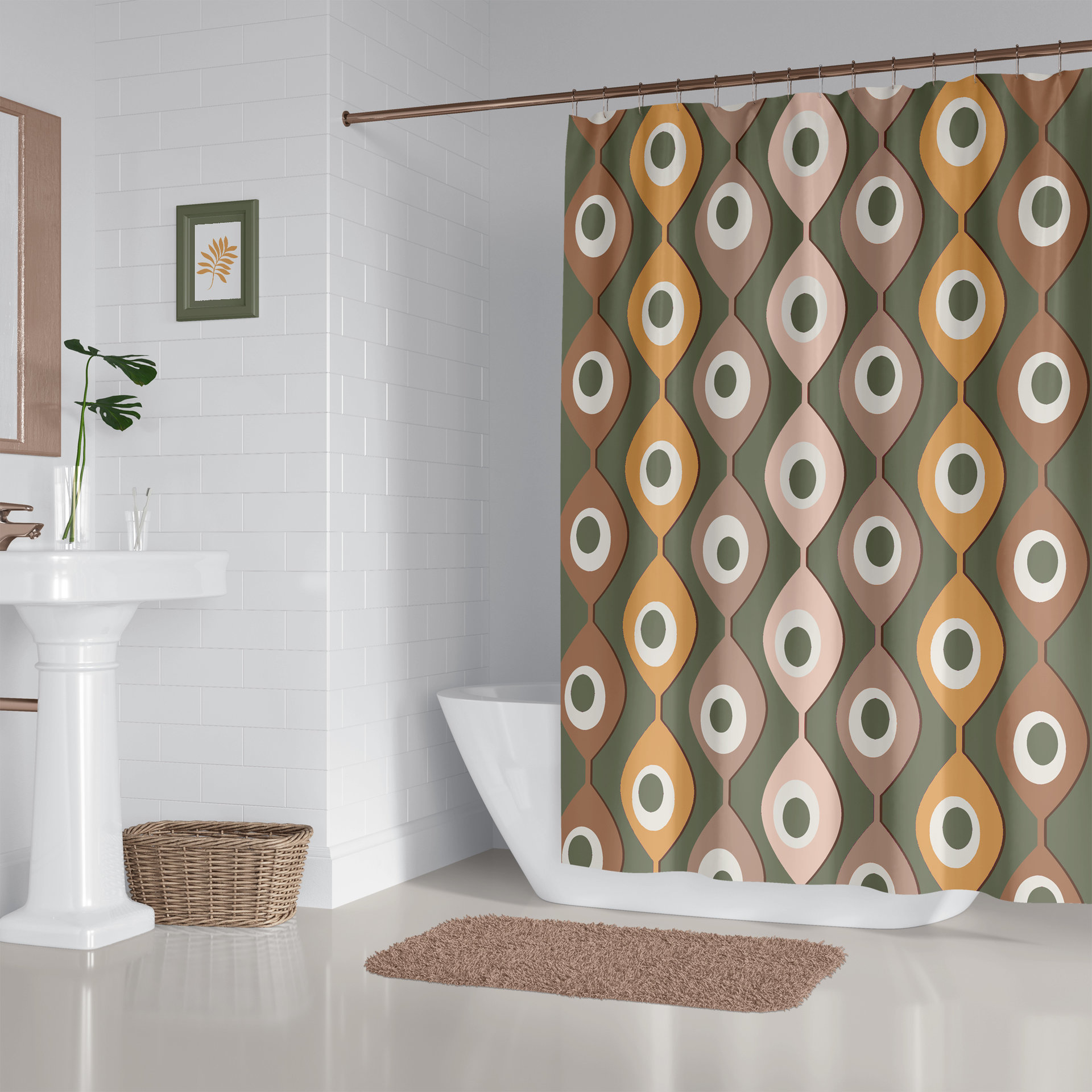 Green Mid-Century Shower Curtain, 70s Abstract Circles Pattern
