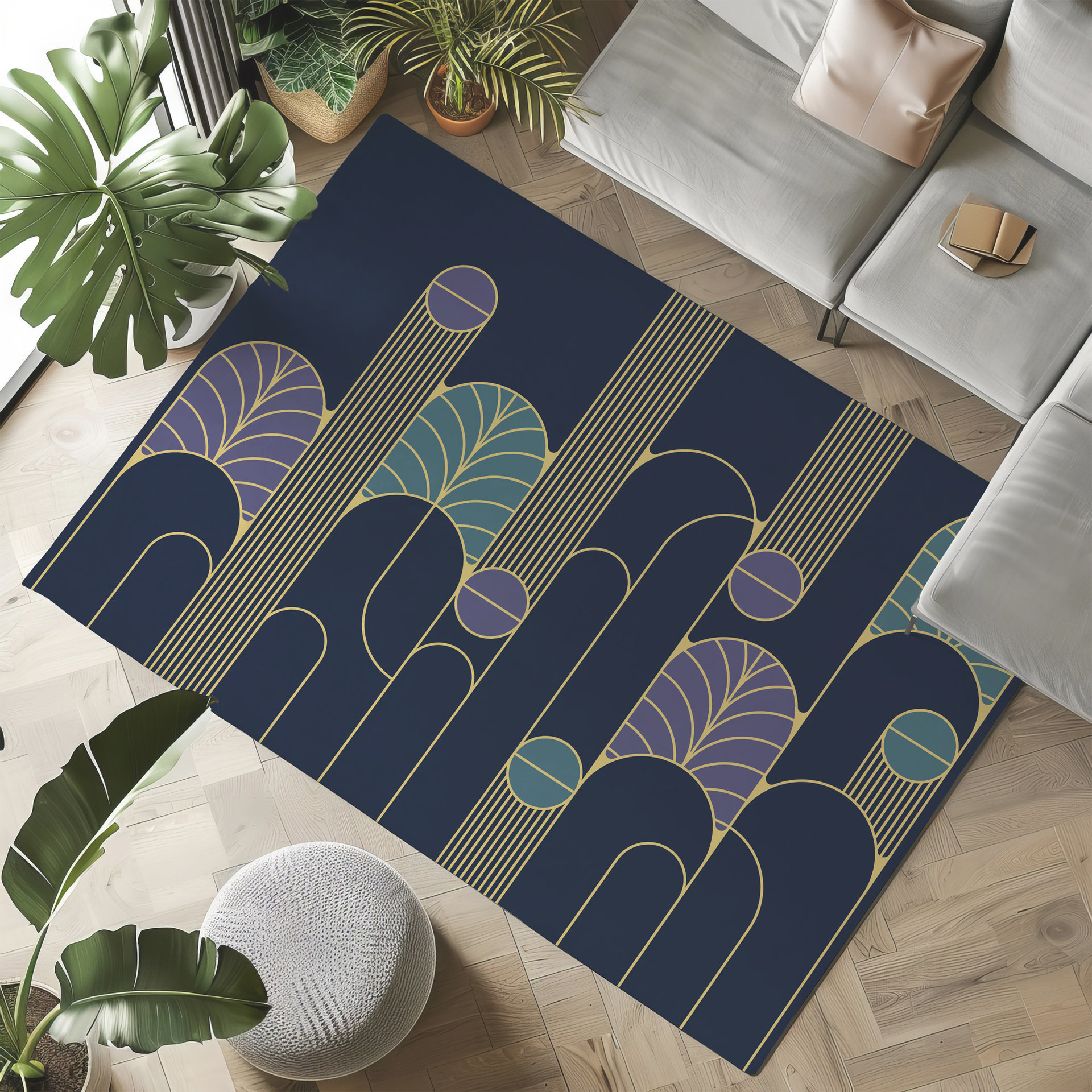 Minimalist Navy Blue Art Deco Rug, Indoor Outdoor