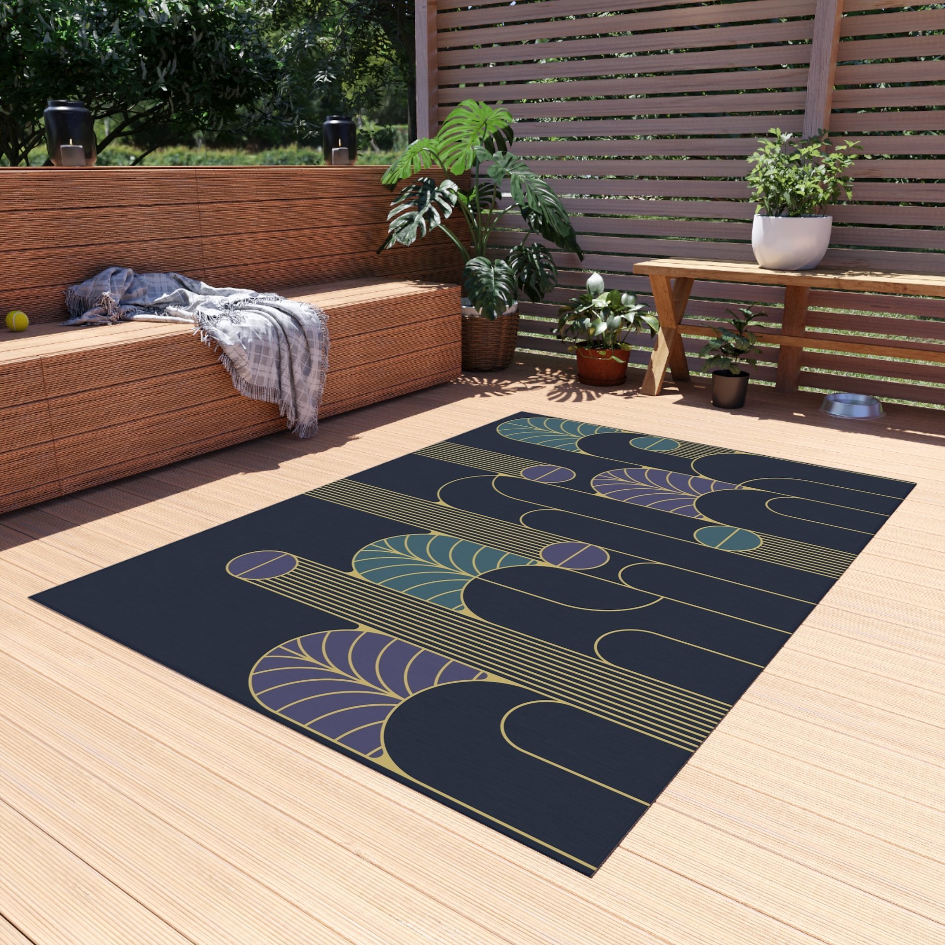 Minimalist Navy Blue Art Deco Rug, Indoor Outdoor