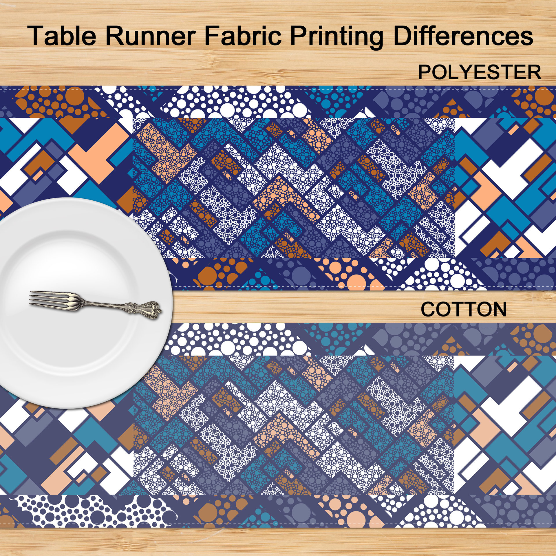 Mid-Century Modern Polka Dot table runner fabric differences between cotton and polyester.