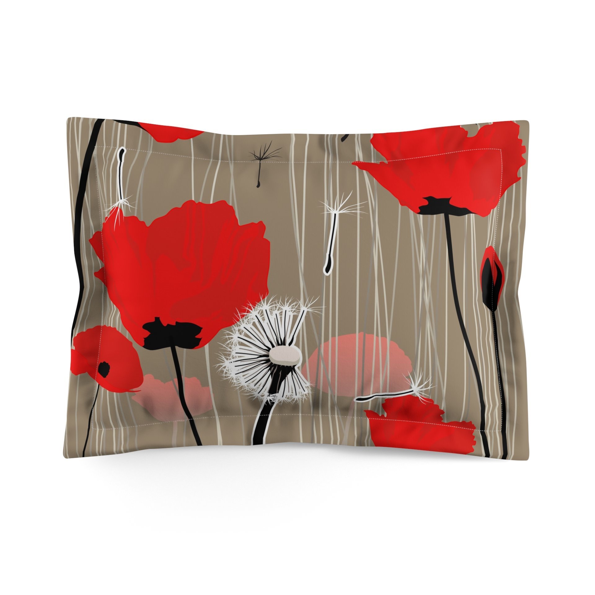 Standard size pillow shams with Red and pink flowers with black and white dandelion seed pods on a taupe background.