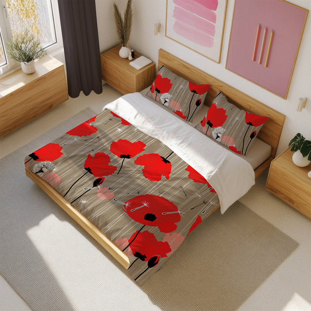 Red poppies bedding set, King cotton Duvet cover
