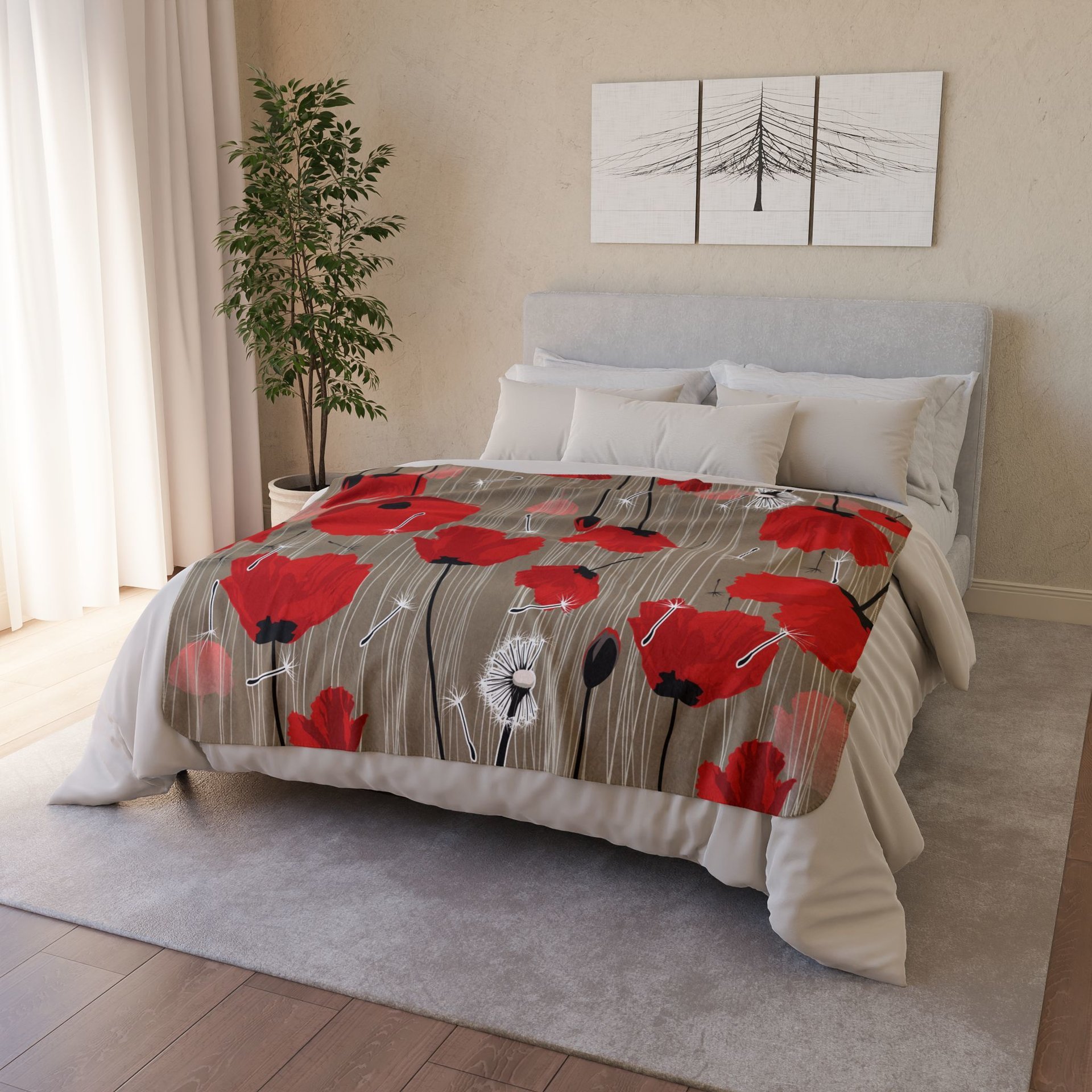 Small Bold Red Poppy Fleece Blanket on a bed