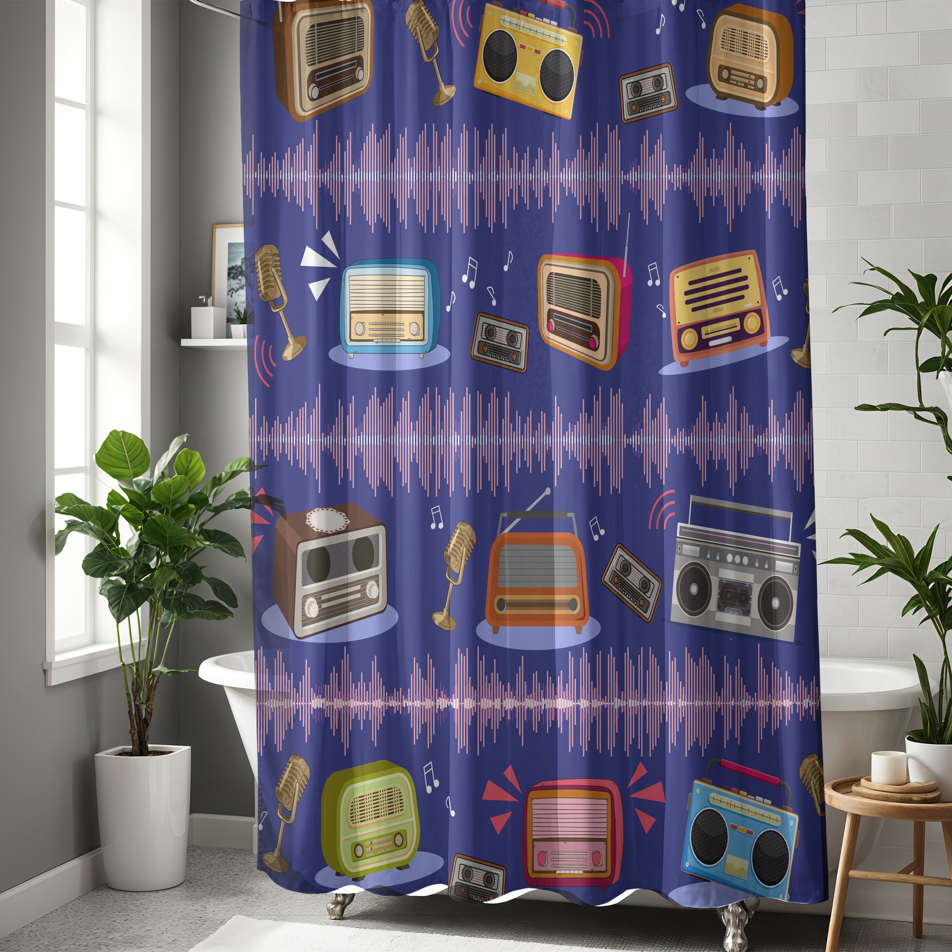 Musical Shower Curtain, Colorful Vintage Radios with Sound Waves