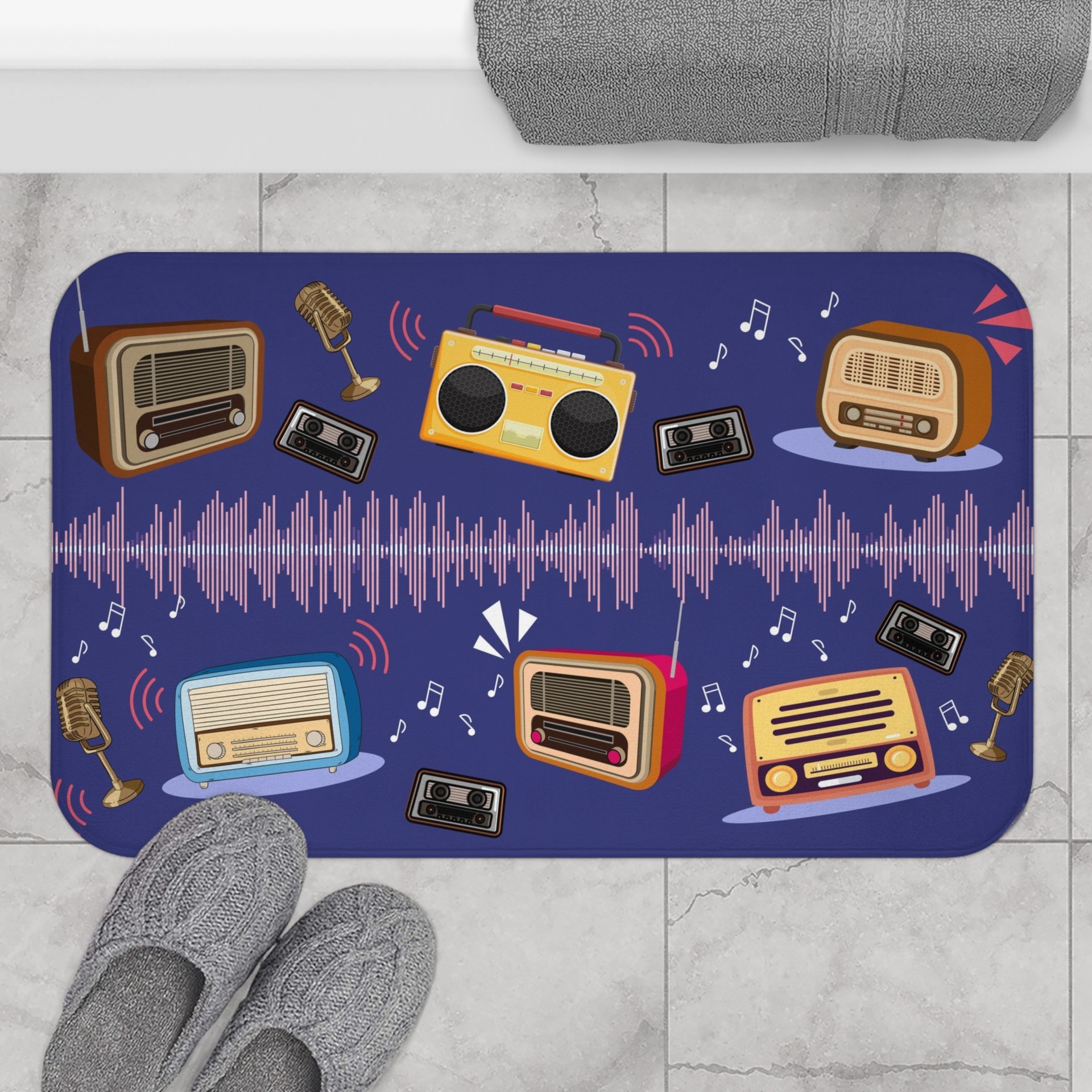 Musical bath mat, Large. Colorful Vintage Radios with Sound Waves