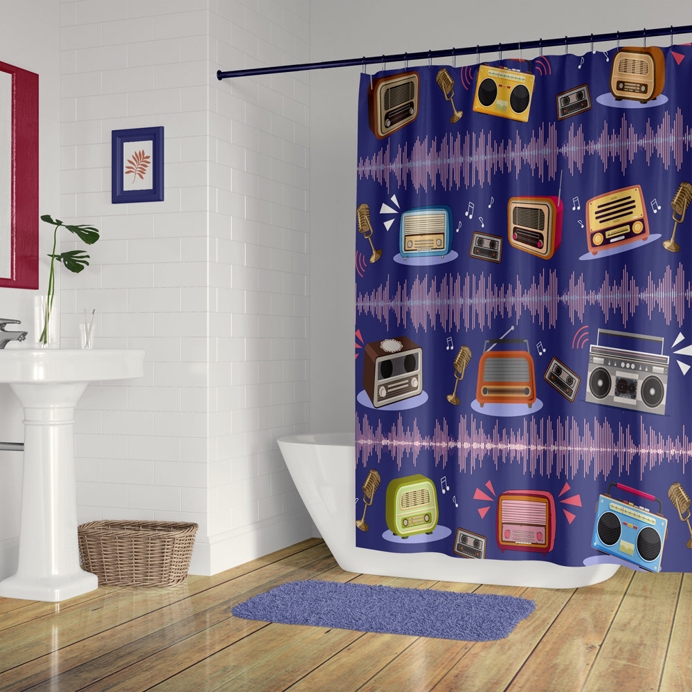 Musical Shower Curtain, Colorful Vintage Radios with Sound Waves