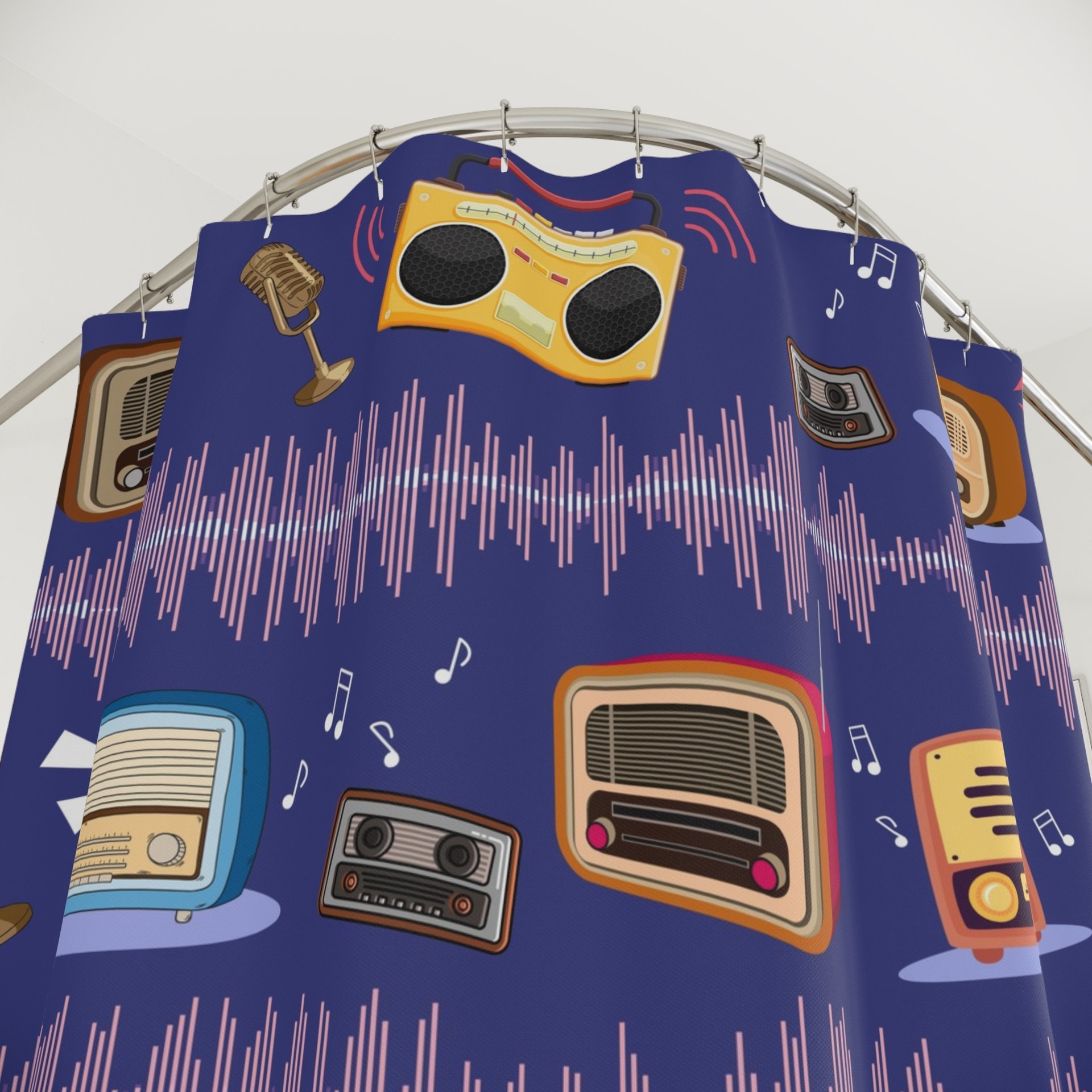 Musical Shower Curtain, Colorful Vintage Radios with Sound Waves showing top view