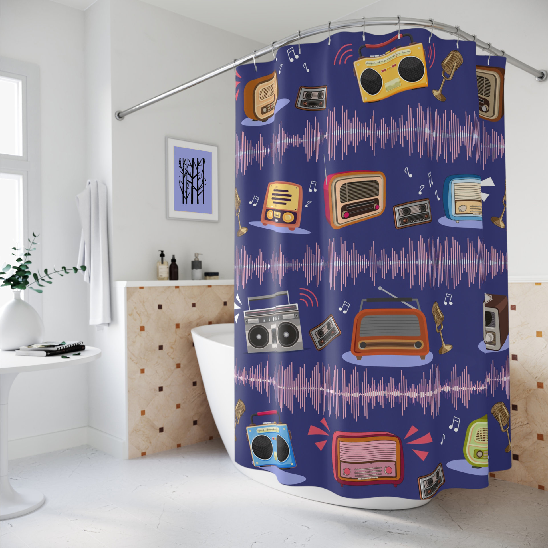 Musical Shower Curtain, Colorful Vintage Radios with Sound Waves