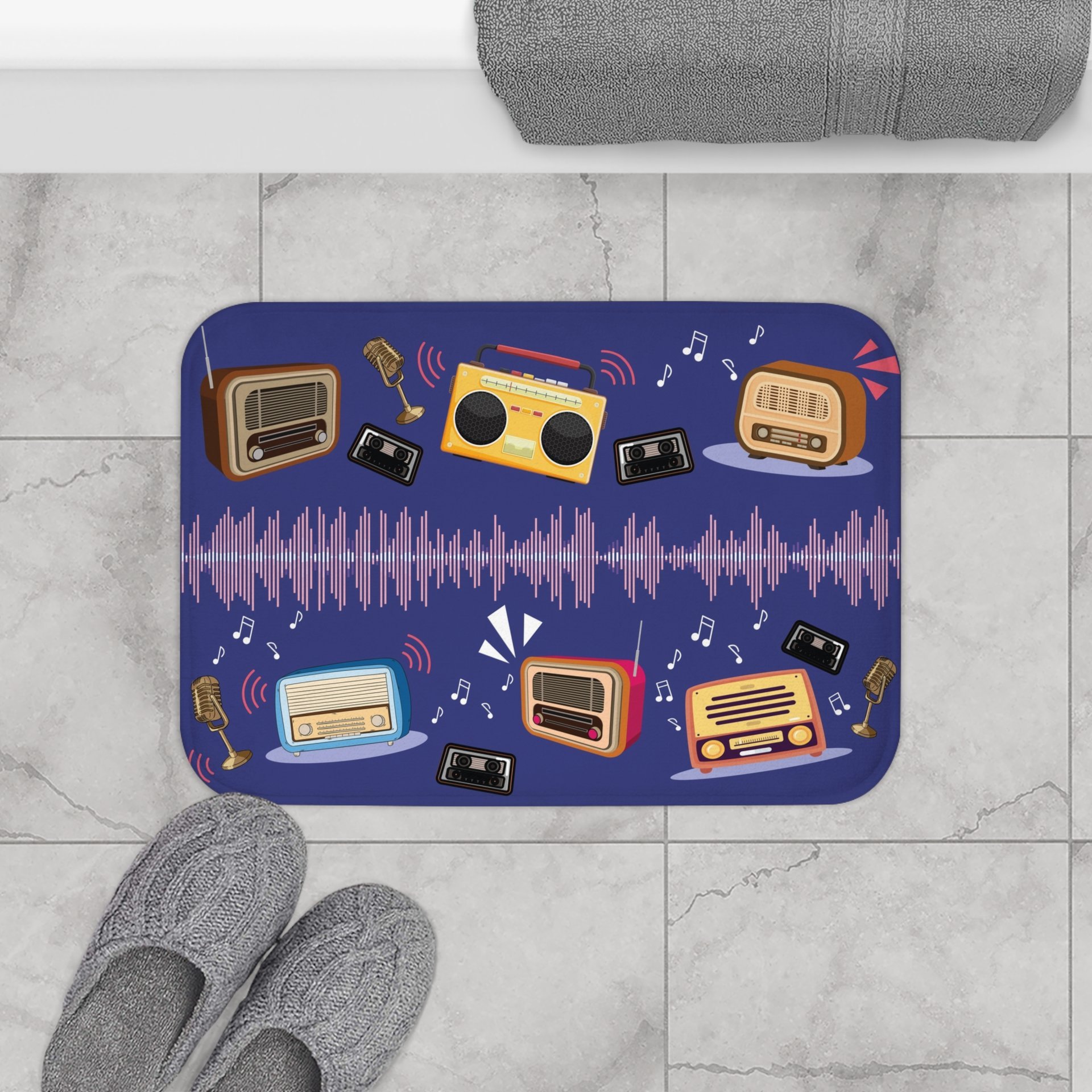 Musical bath mat, Small. Colorful Vintage Radios with Sound Waves