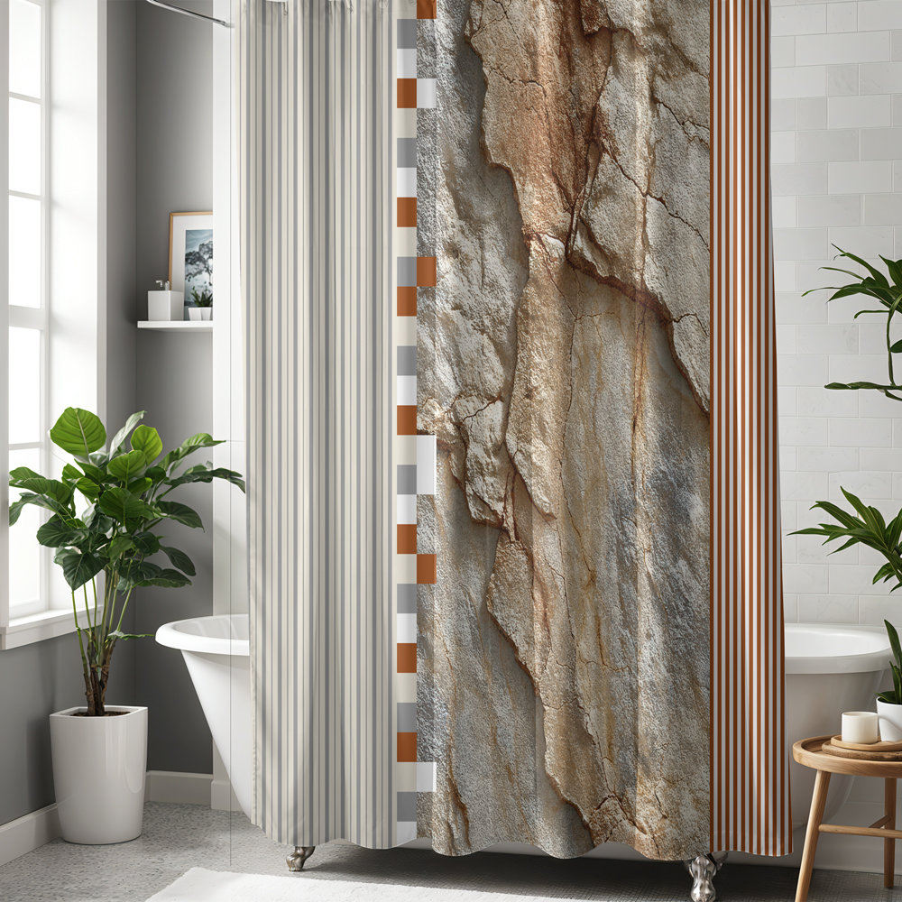 Rustic Rock and Stripe Shower Curtain, Textured Stone Art, Earth Tones