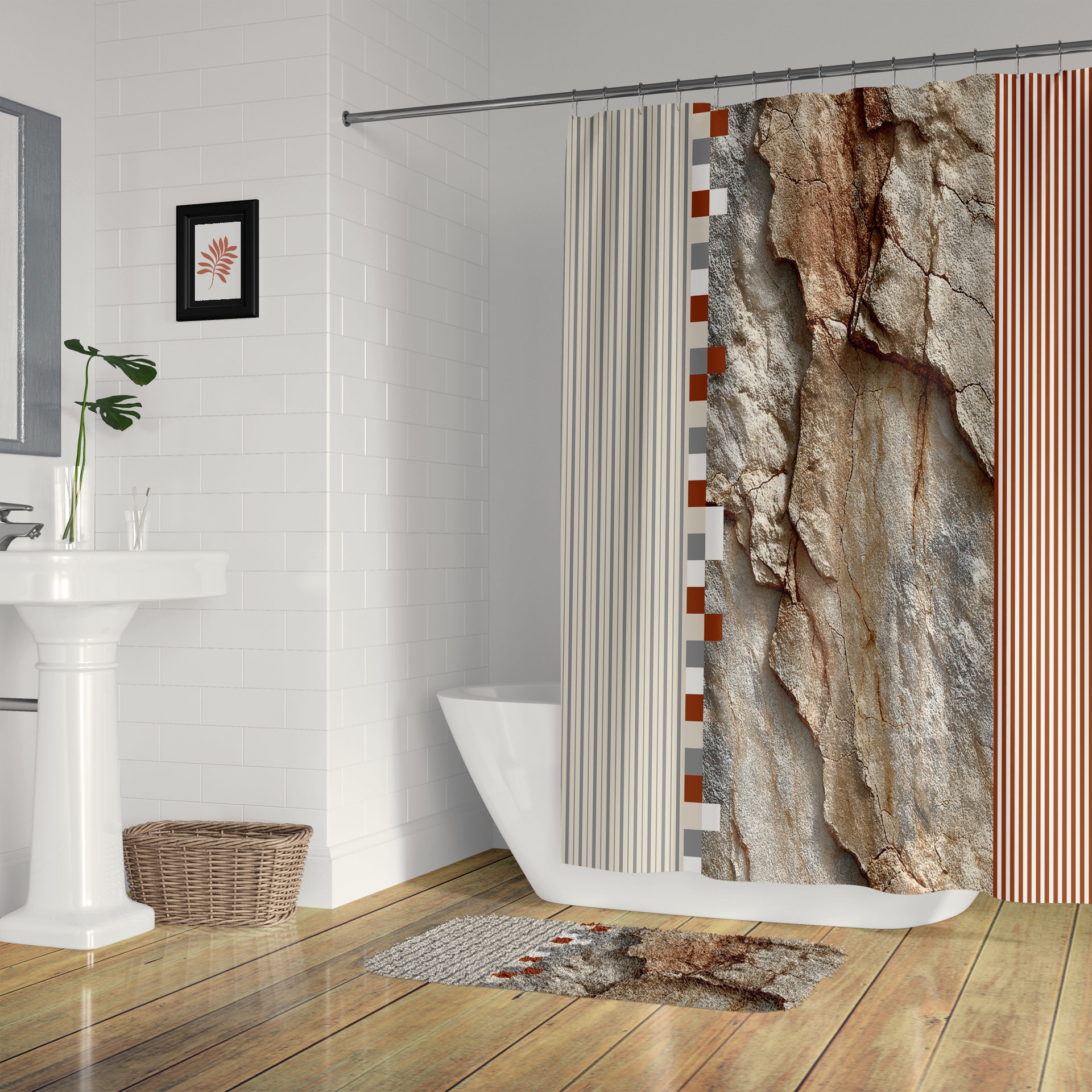 Rustic Rock and Stripe Shower Curtain, Textured Stone Art, Earth Tones