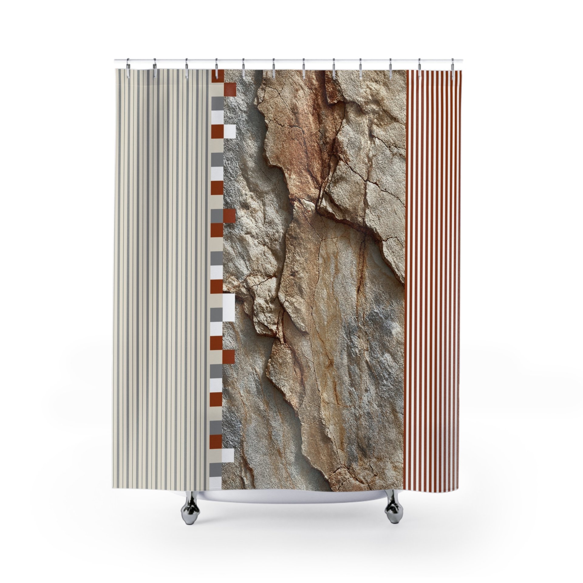 Rustic Rock and Stripe Shower Curtain, Textured Stone Art, Earth Tones