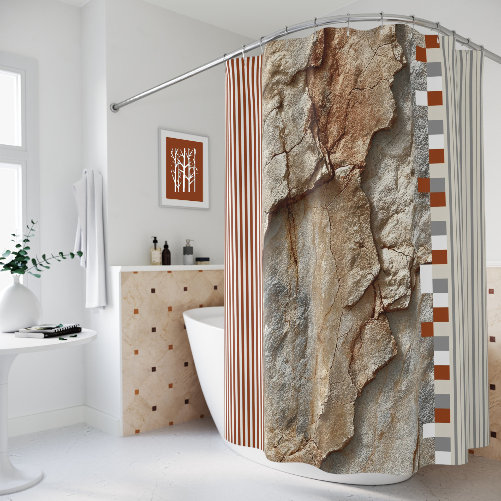 Rustic Rock and Stripe Shower Curtain, Textured Stone Art, Earth Tones