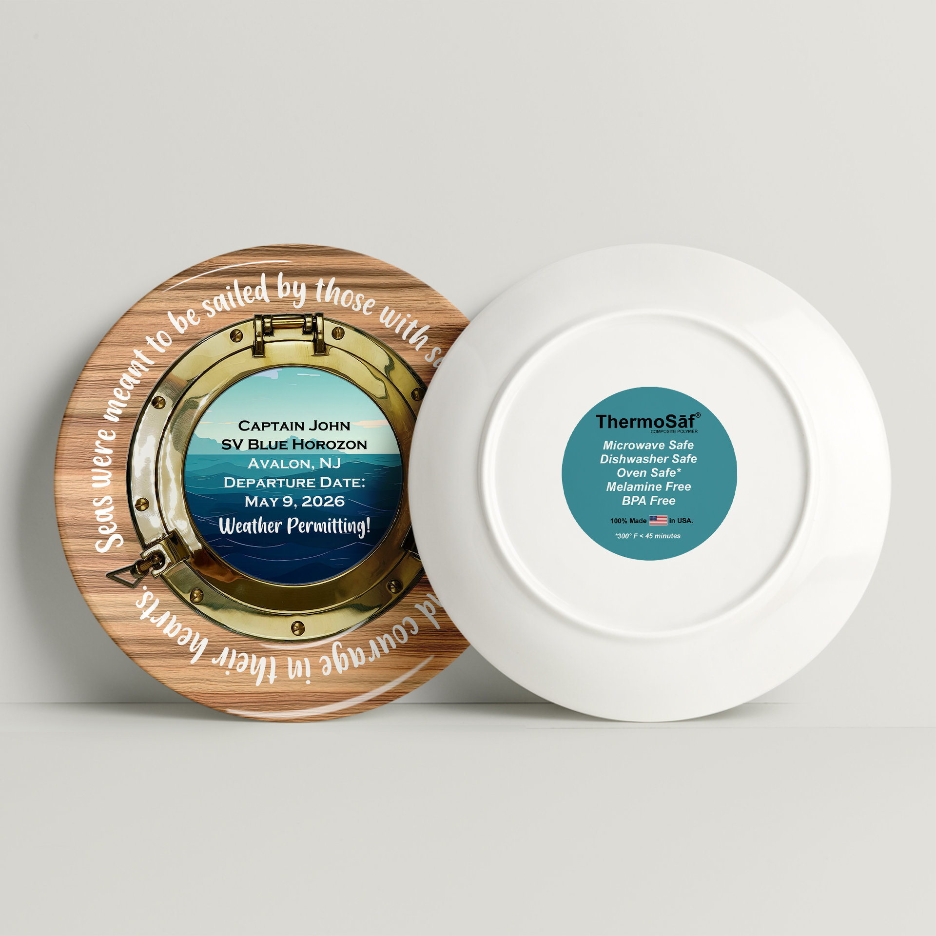 Personalized Retirement Gift Plate for a Sailor ftont and back showing peel away sticker