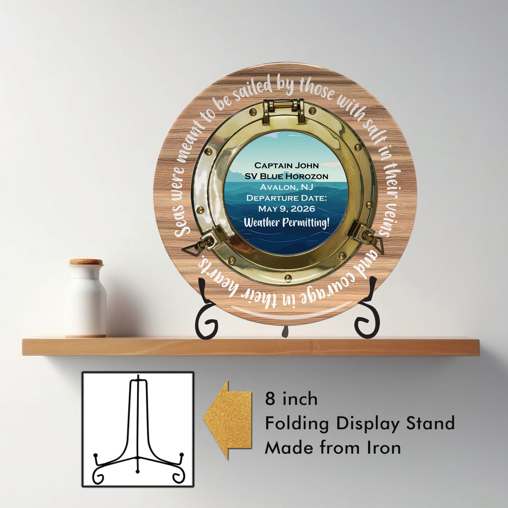 Personalized Retirement Gift Plate for a Sailor showing Display Stand