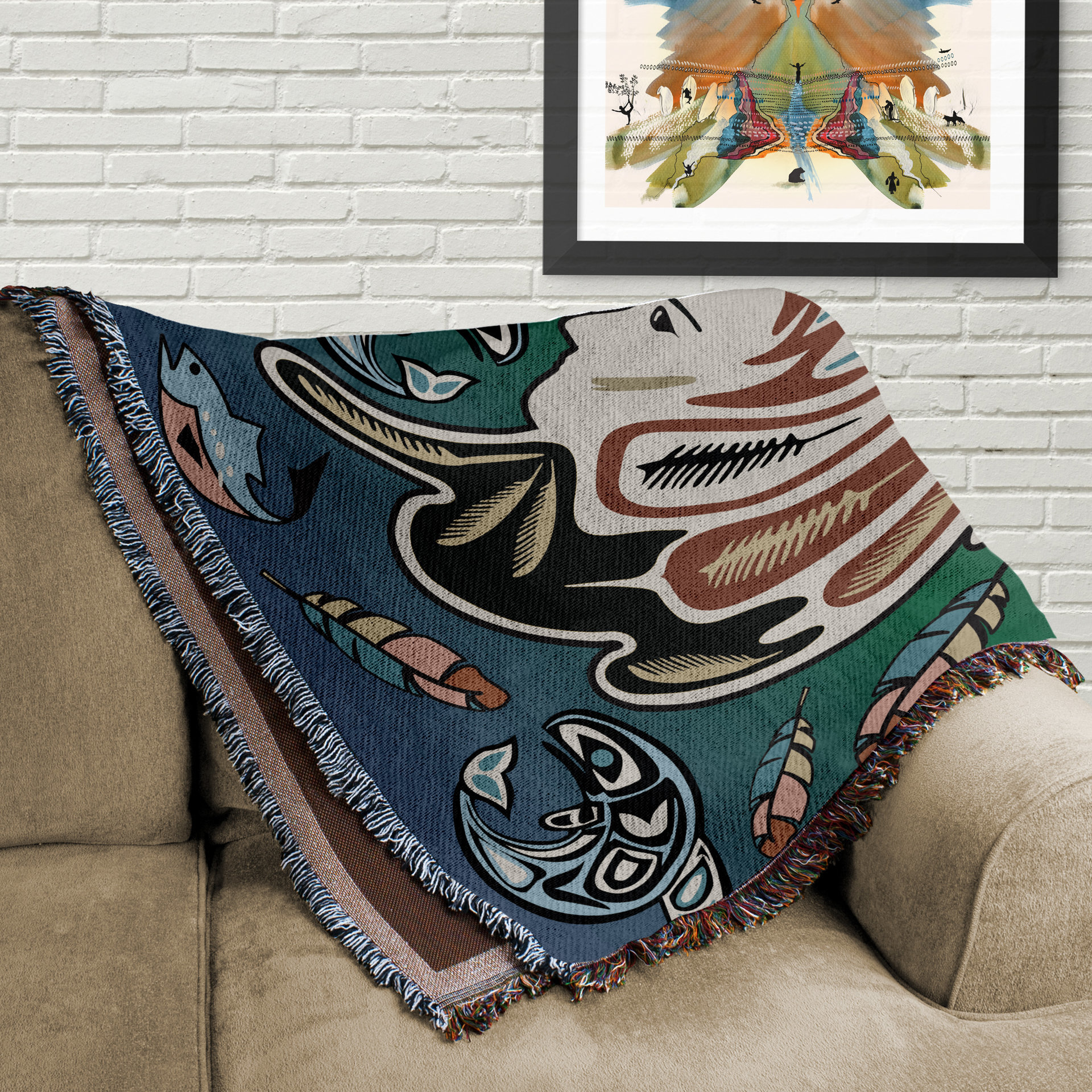 Shananic Medicine Woman Blanket folded on a couch