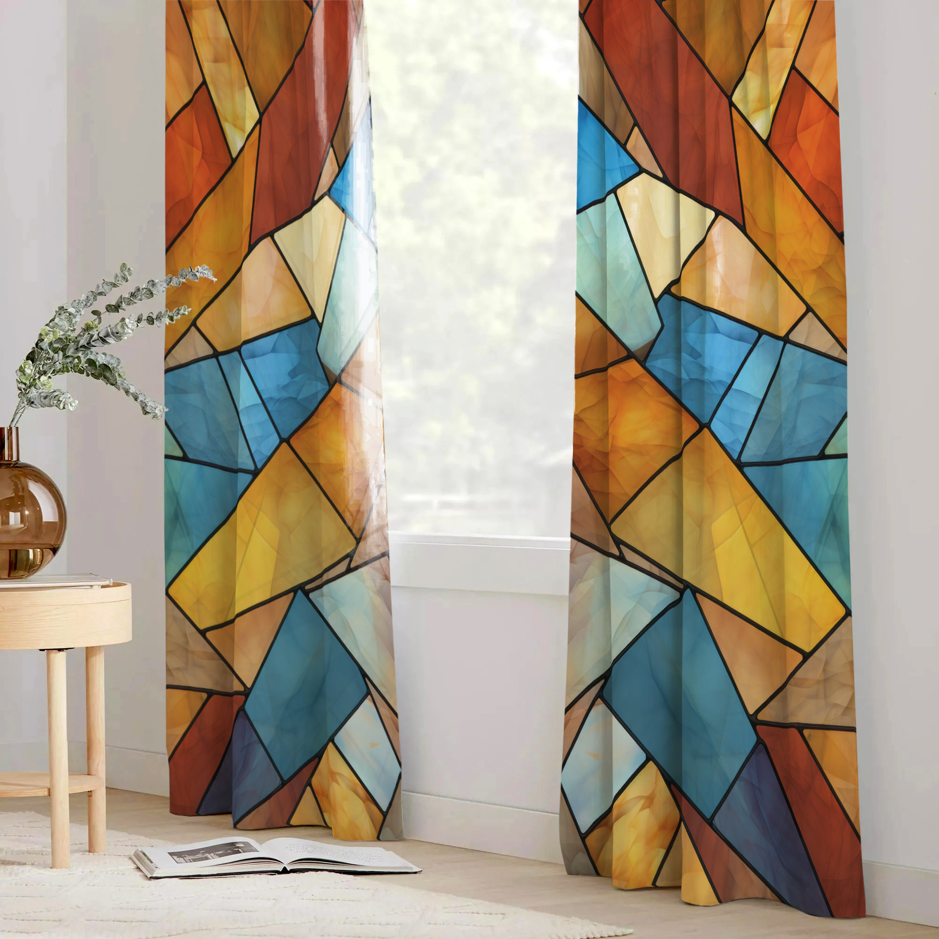 Rustic Stained Glass Eagle Curtains, Southwestern Colors Rod Pocket Panels