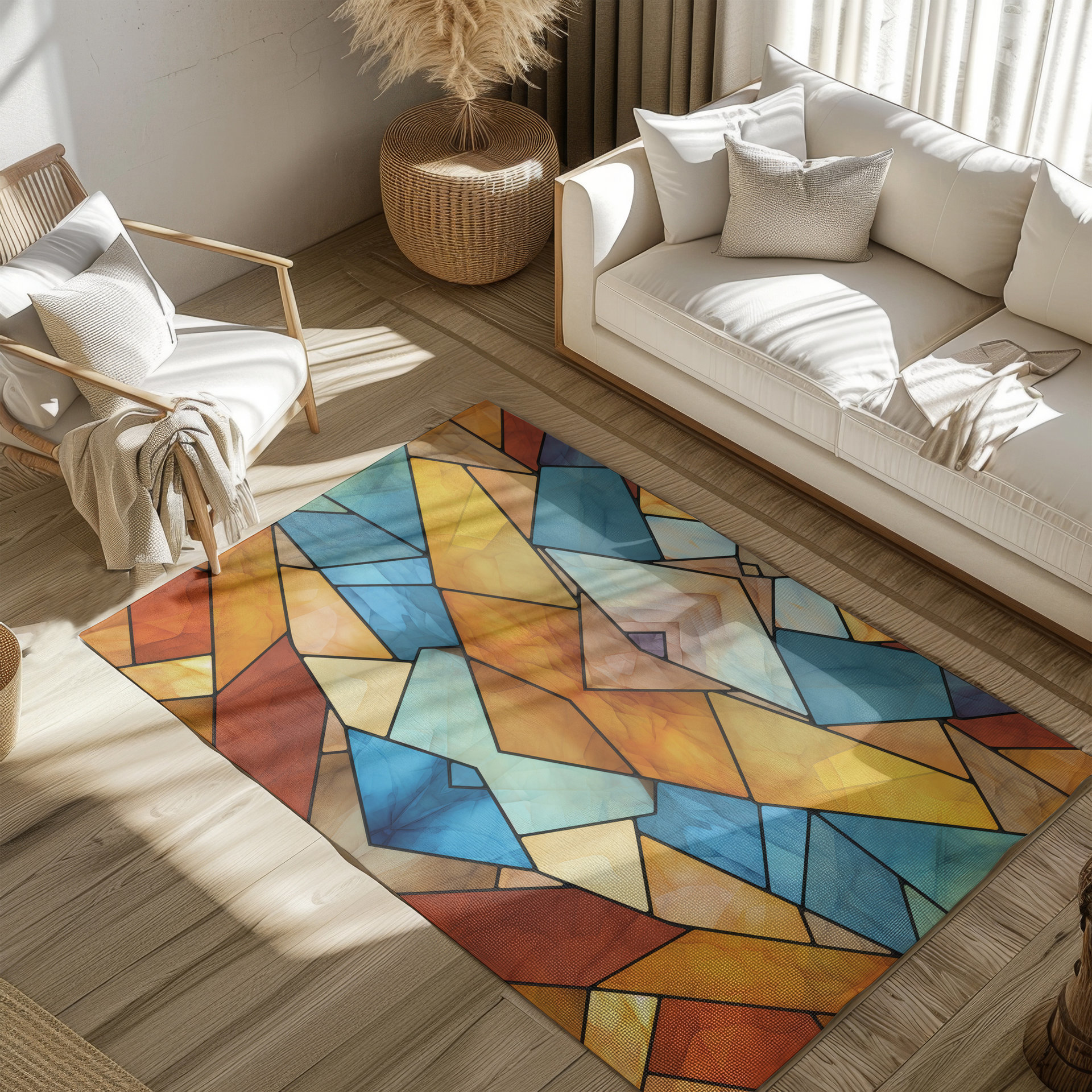 Rustic Stained Glass Eagle Area Rug, 6x4' Southwestern Colors Indoor or Outdoor 