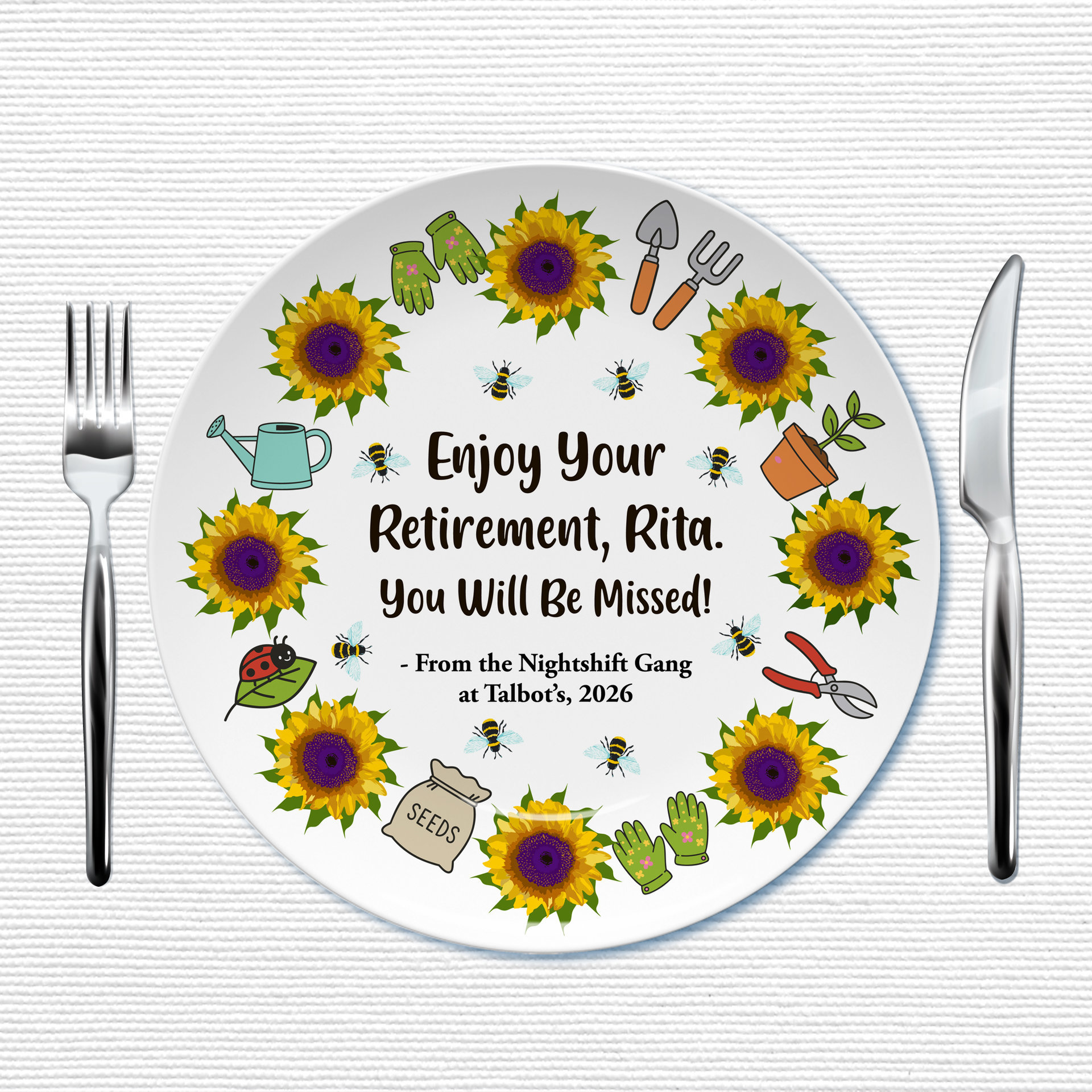 Personalized Retirement Gift Plate on a table