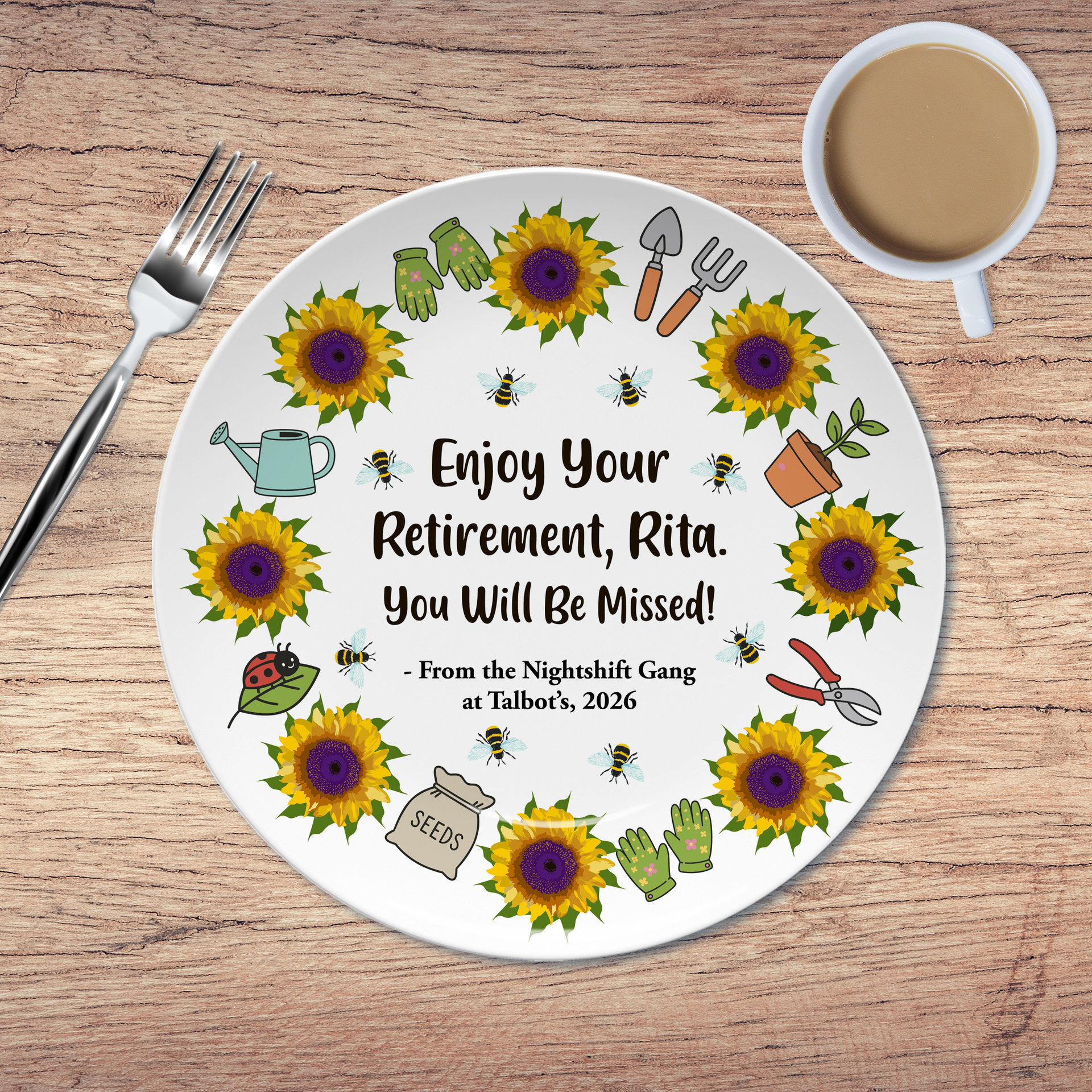 Personalized Retirement Gift Plate ona table with a cup of coffee
