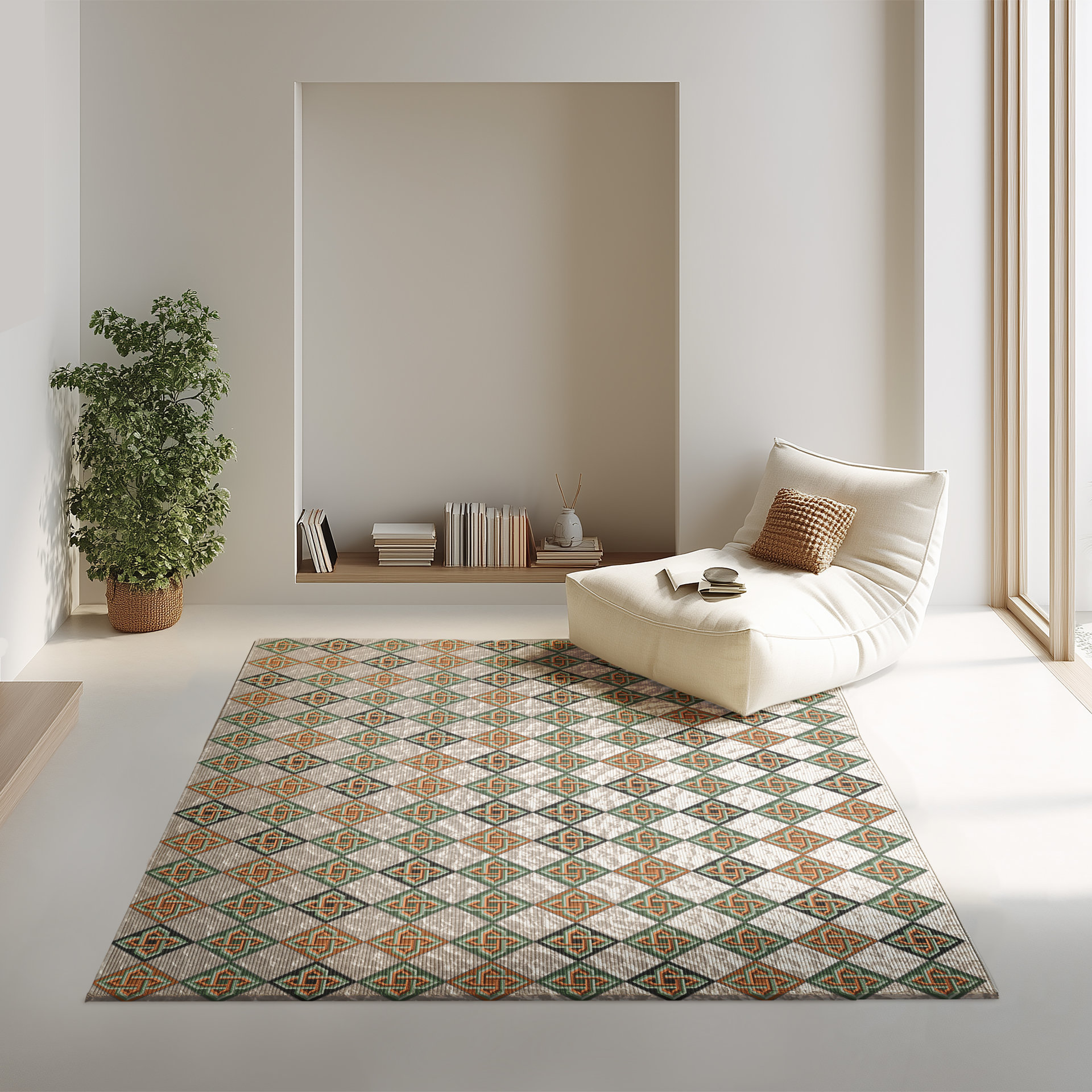 Six inch diamond tile pattern with intertwined Celtic knots in tones of olive green, burnt orange and black on an interesting light taupe textured background that resembles frosted glass.