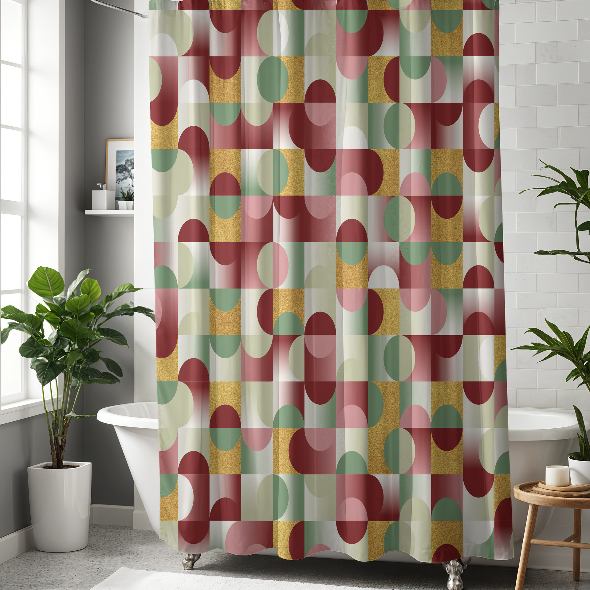 Abstract Geometric Shower Curtain, Burgundy Olive Gold Mid Century Modern Pattern
