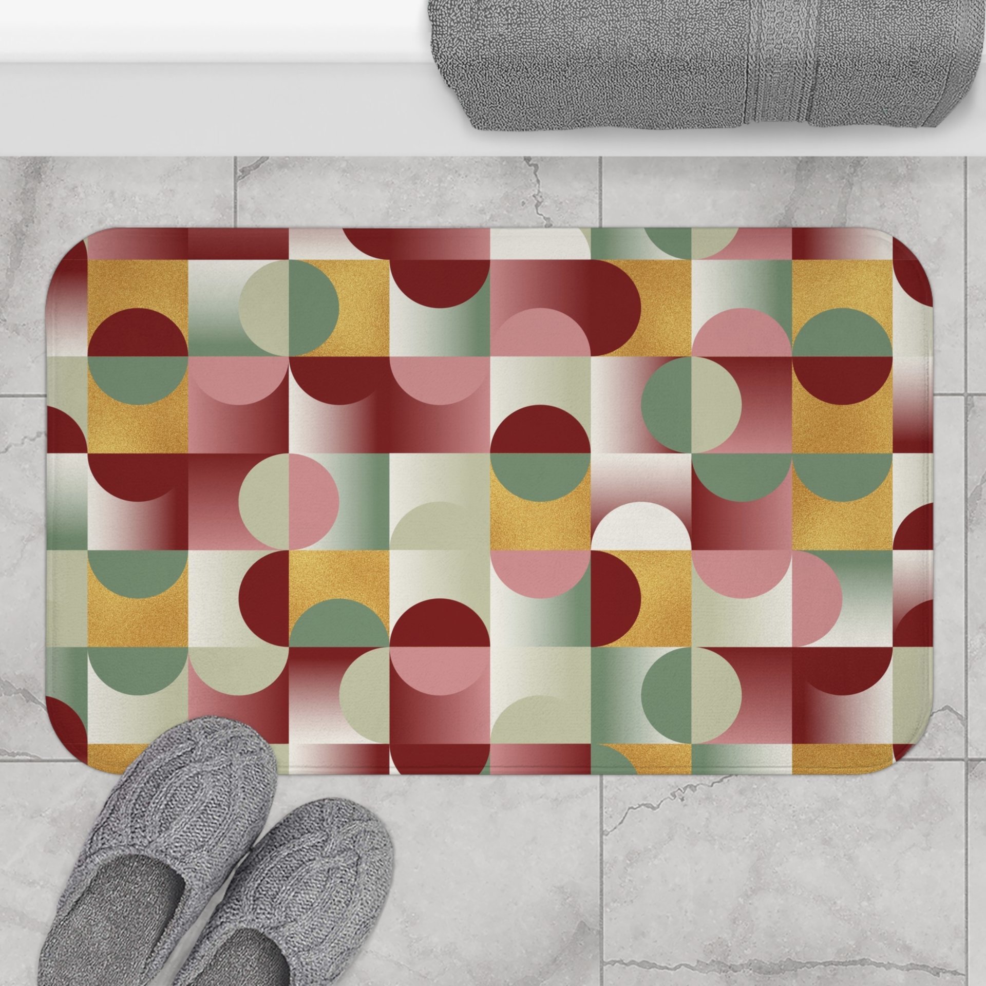 Abstract Geometric Large bath mat, Burgundy Olive Gold Mid Century Modern Pattern