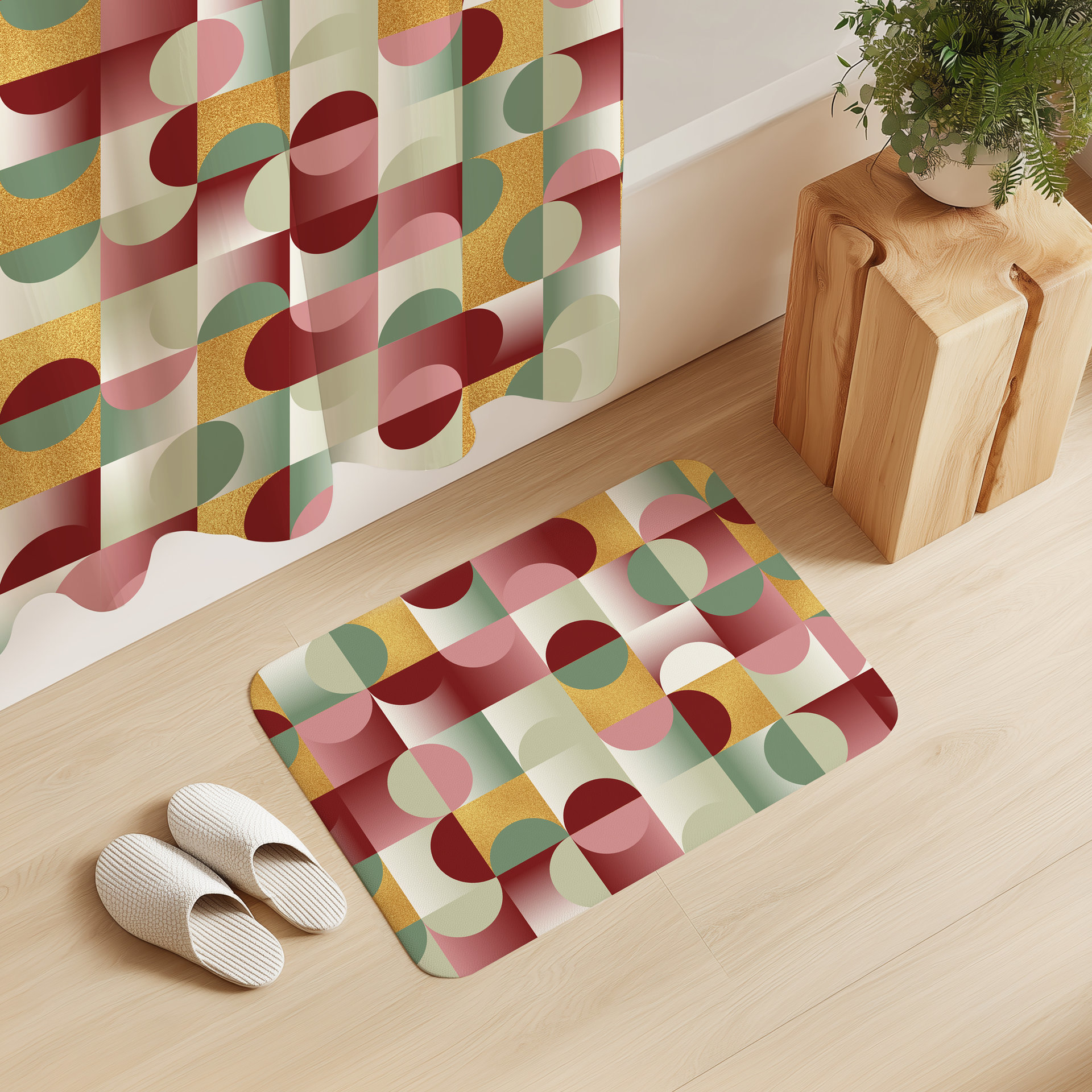 Abstract Geometric Shower Curtain, Burgundy Olive Gold Mid Century Modern Pattern and bath mat
