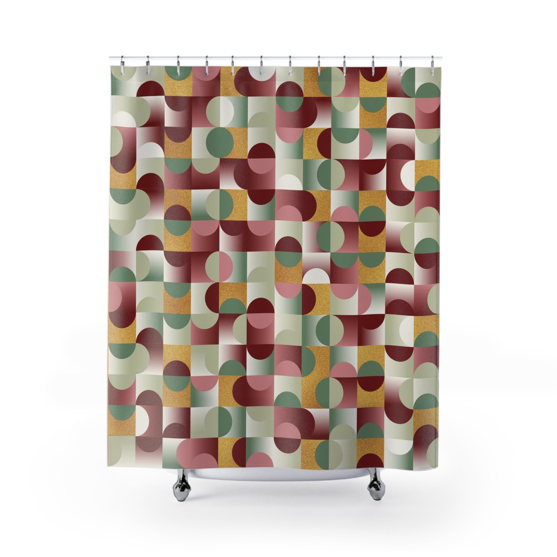 Abstract Geometric Shower Curtain, Burgundy Olive Gold Mid Century Modern Pattern