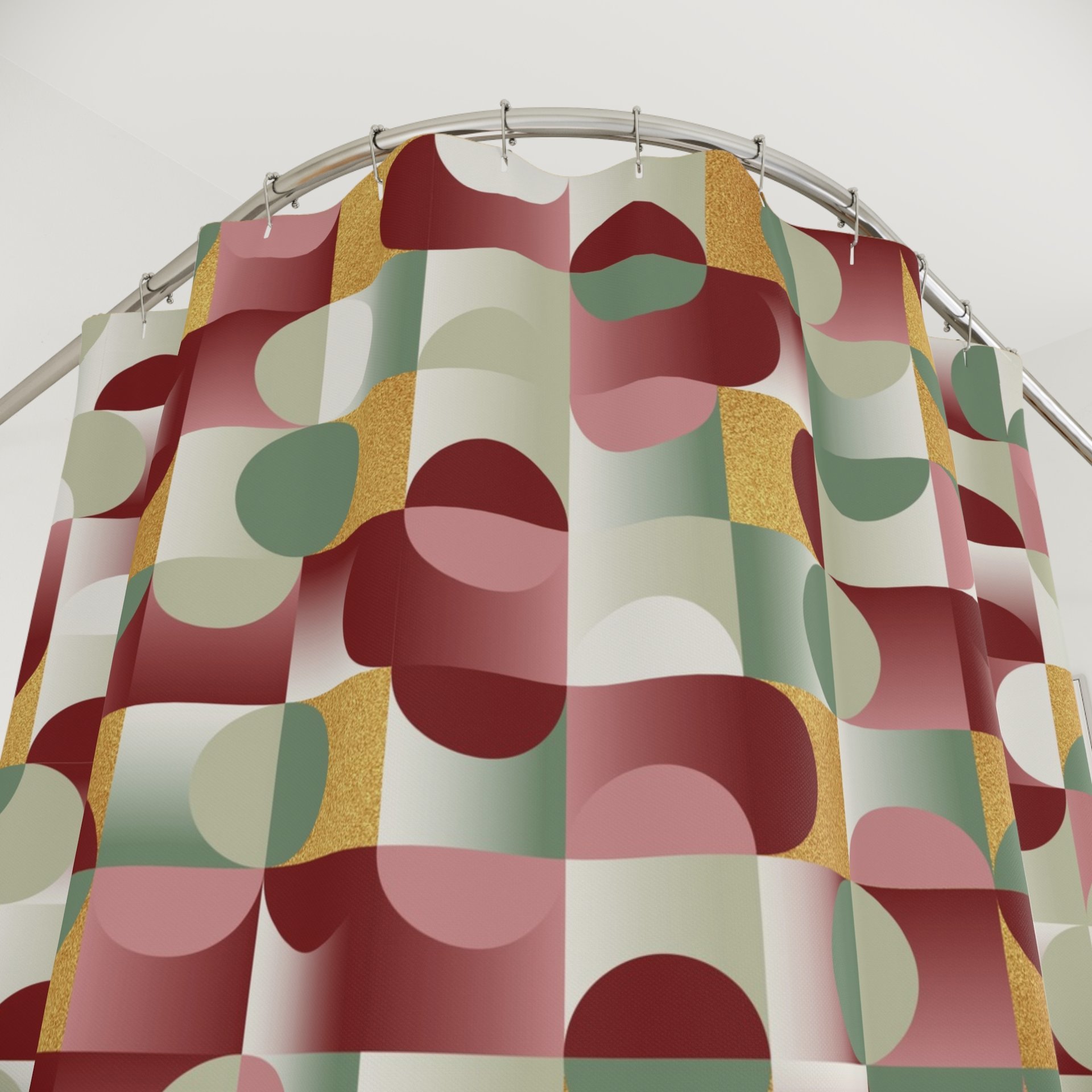 Abstract Geometric Shower Curtain, Burgundy Olive Gold Mid Century Modern Pattern close up showing top.