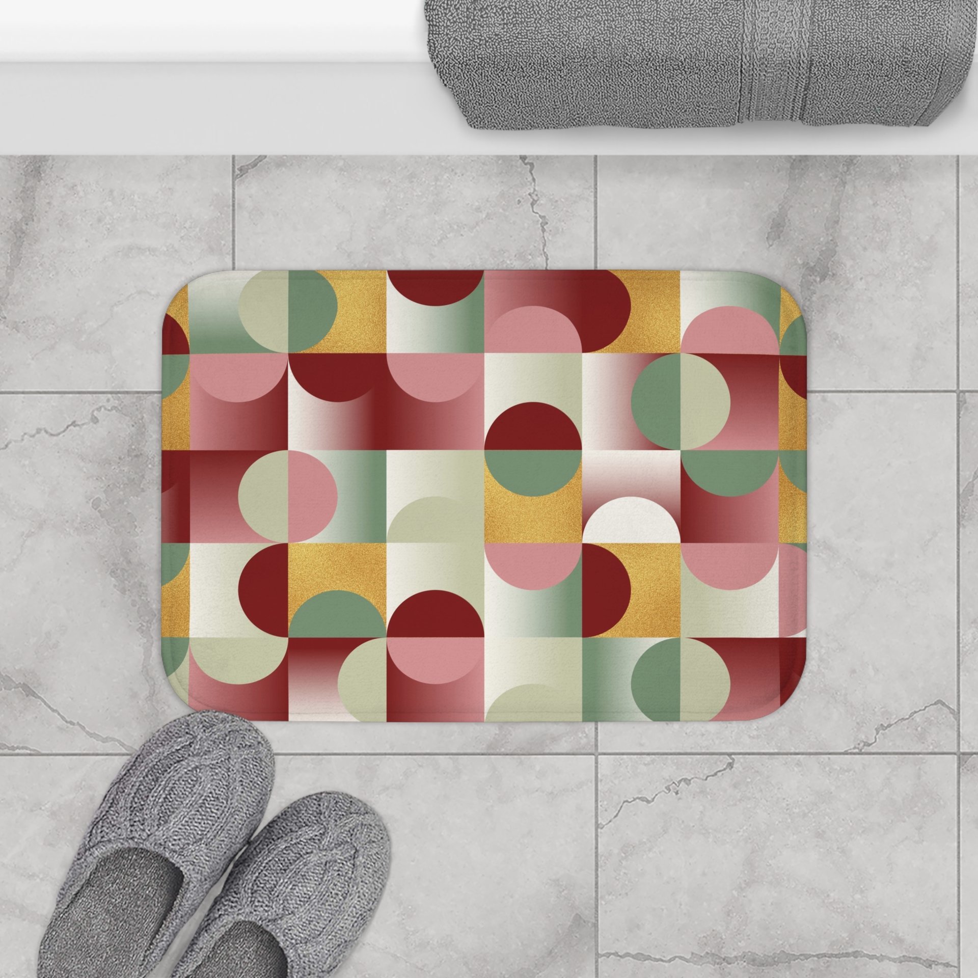 Abstract Geometric small bath mat, Burgundy Olive Gold Mid Century Modern Pattern