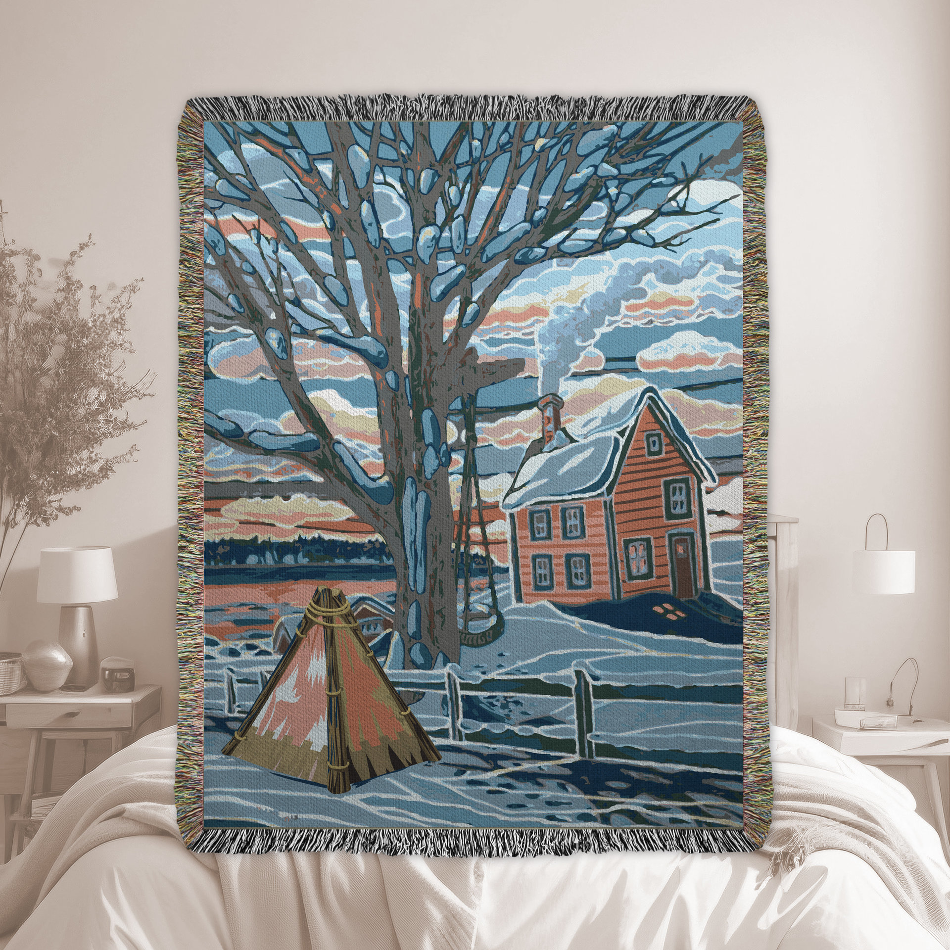 Snowy Winter Woven Cotton Blanket, Country Farmhouse Landscape