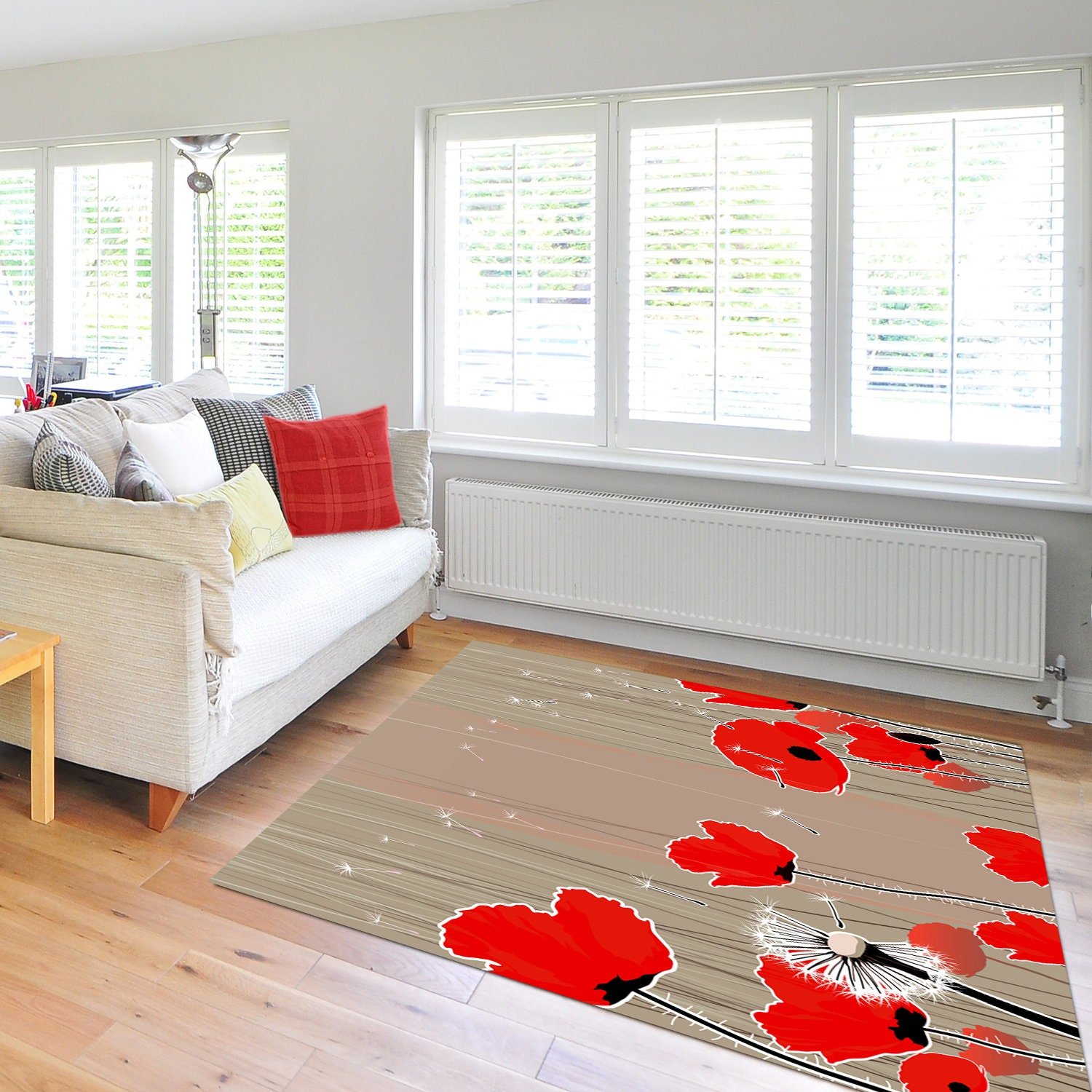 Red poppy rug, Indoor or outdoor floral area rug, 3x2 to 5x7 feet.