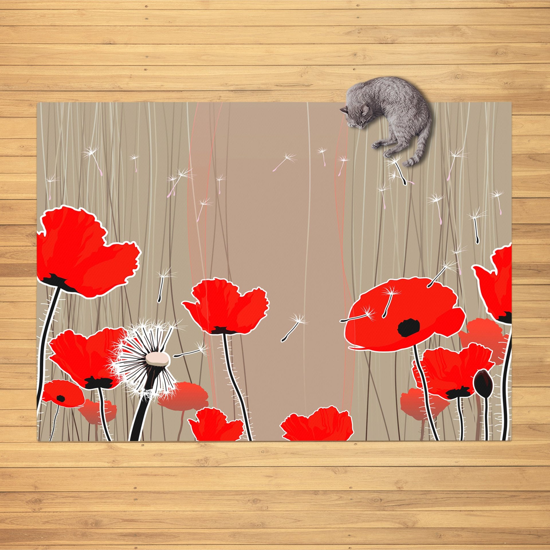 Red poppy rug, Indoor or outdoor floral area rug, 3x2 to 5x7 feet.