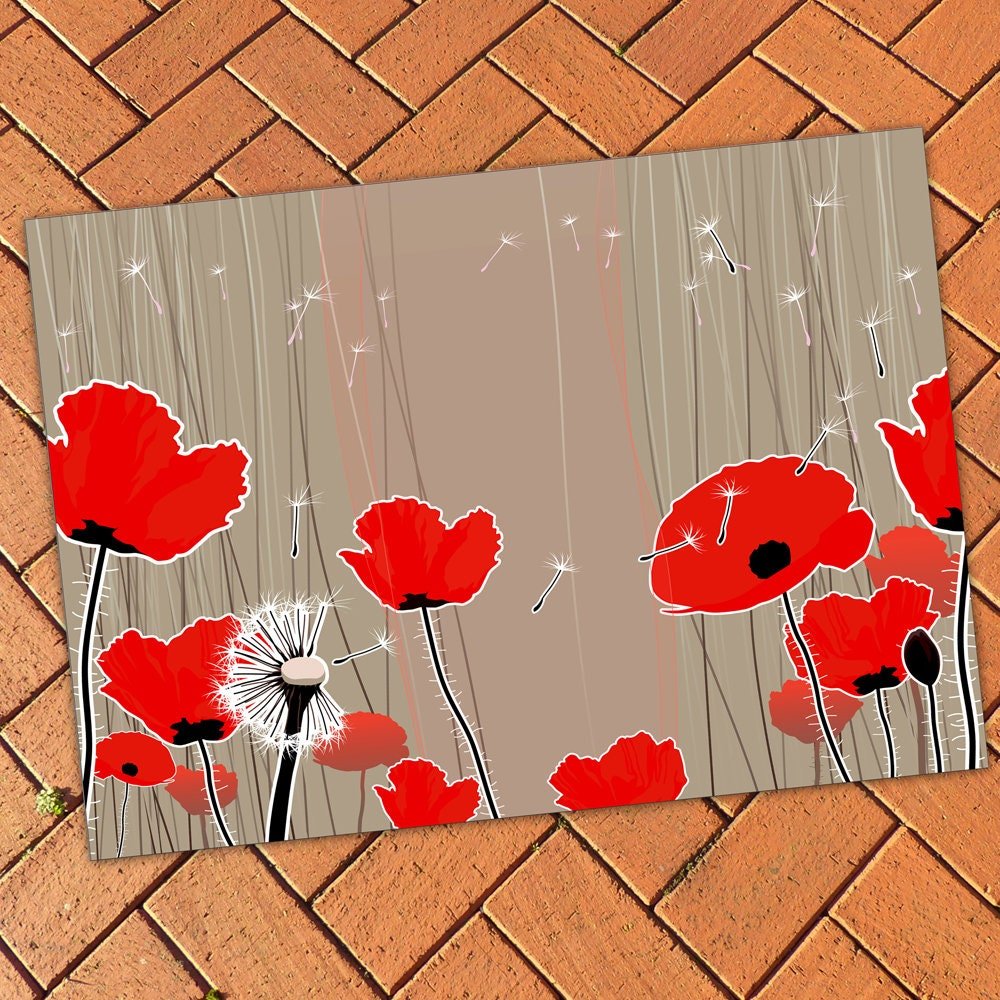 Red poppy rug, Indoor or outdoor floral area rug, 3x2 to 5x7 feet.