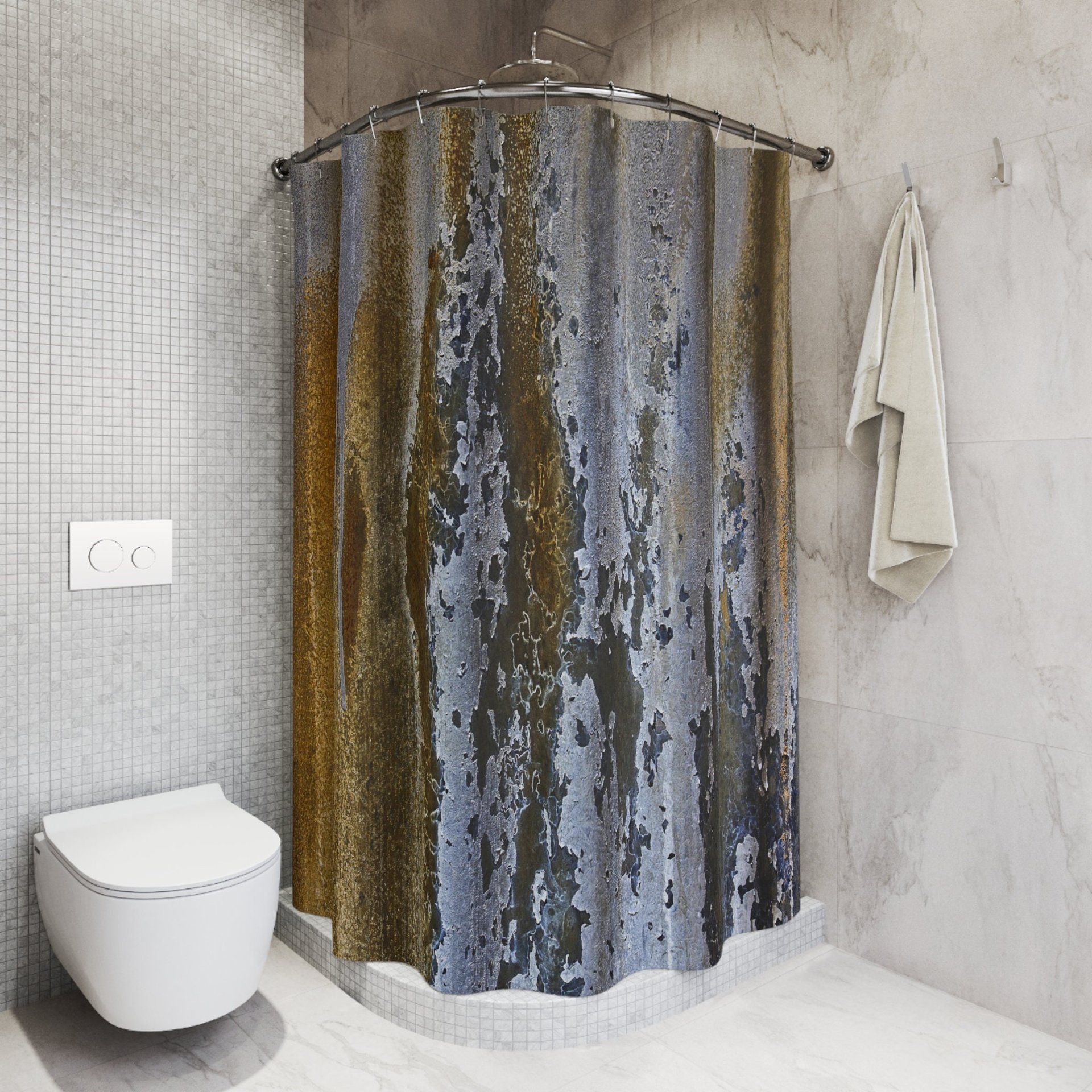 Unusual industrial shower curtain in loft style bathroom