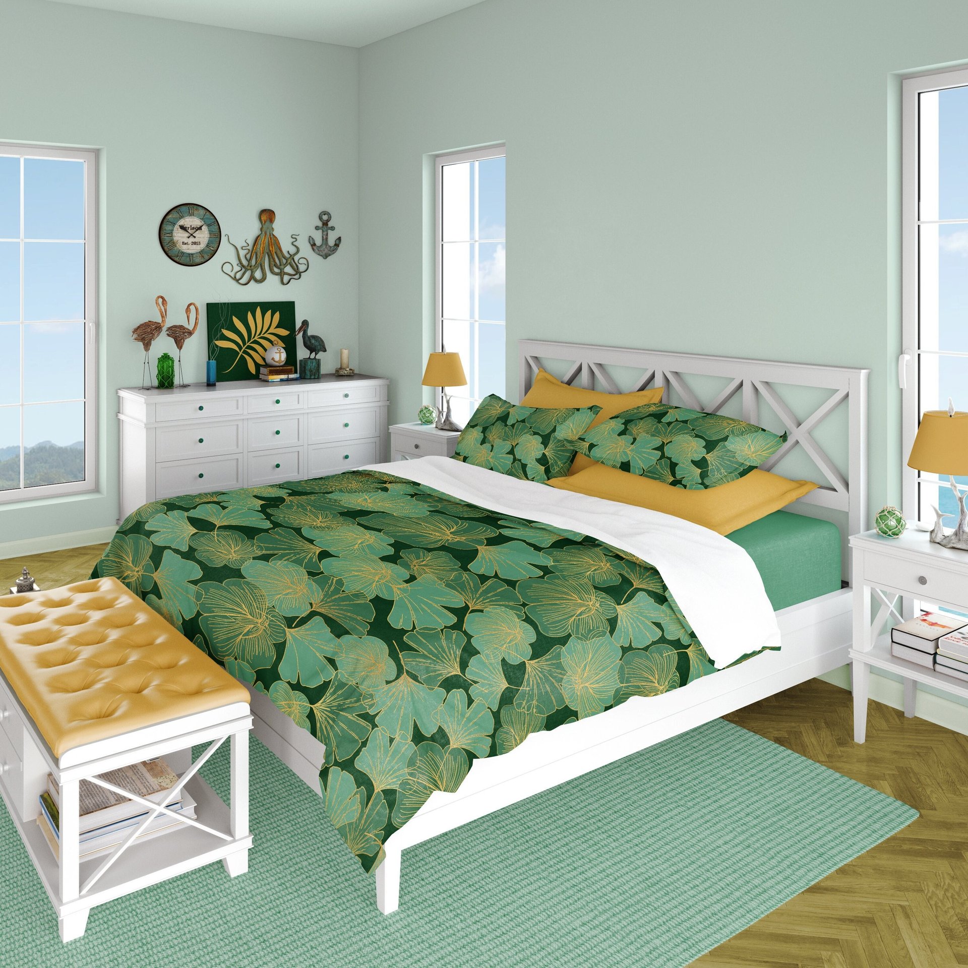 Green and Gold Asian Leaf Queen Duvet Bedding Set