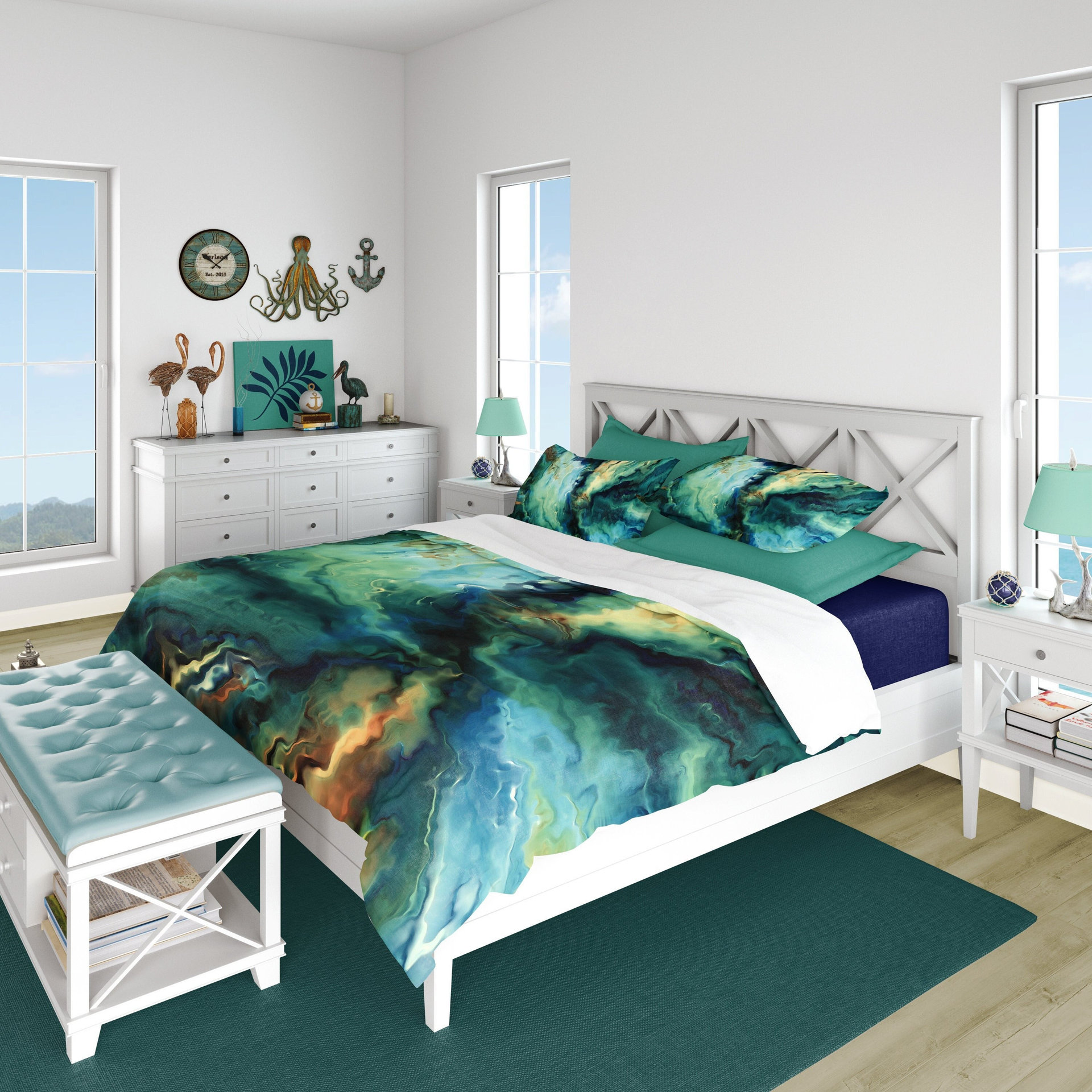 Blue Abstract Art queen duvet cover bedding set on a bed