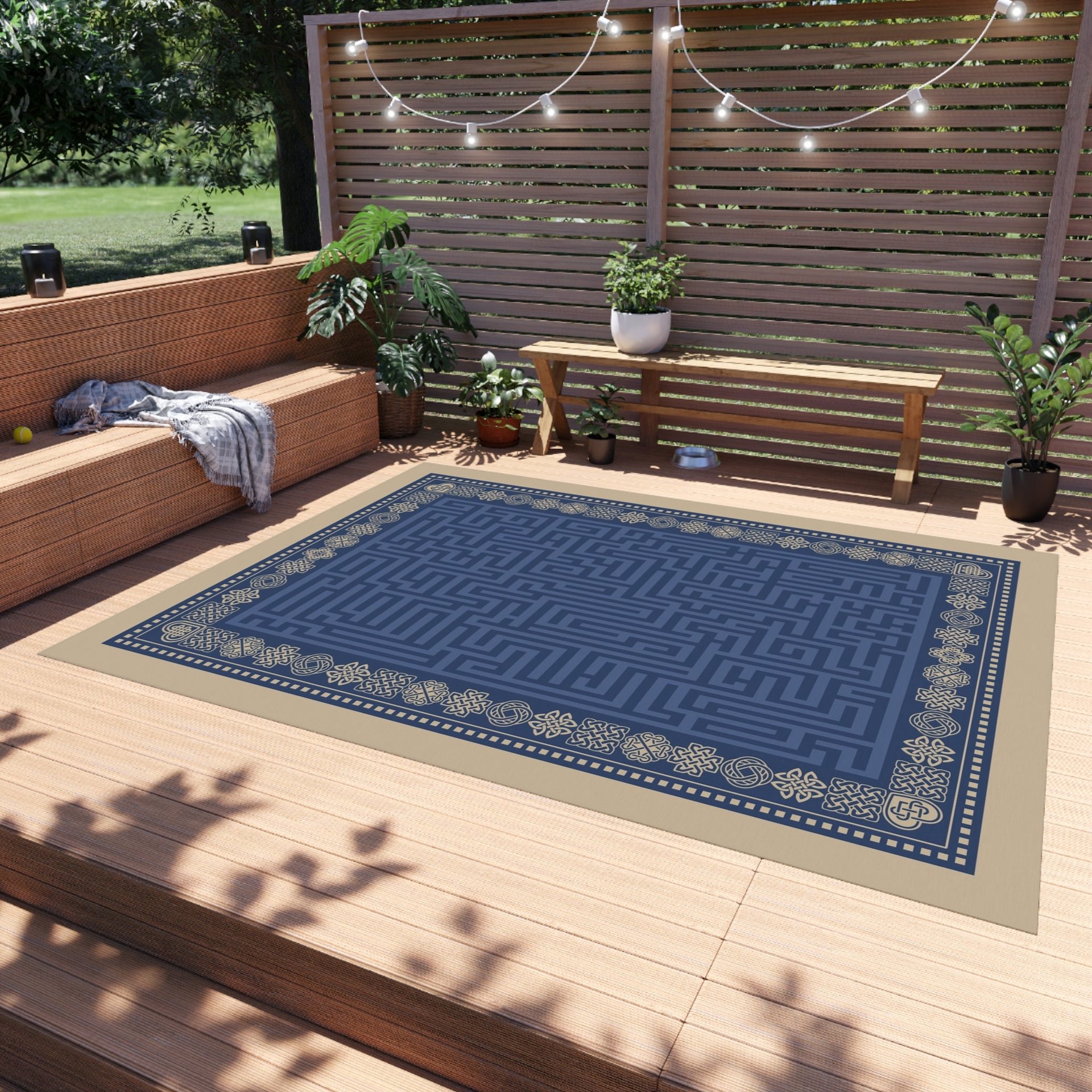 Blue Maze Rug with Beige Celtic Knot Border