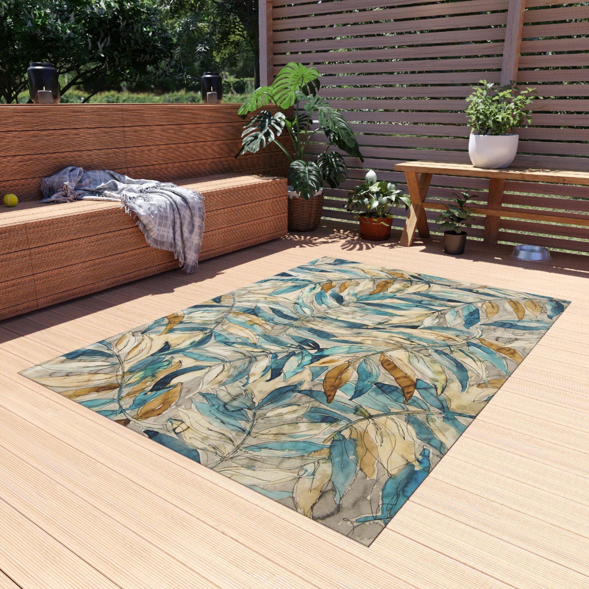 Watercolor Leaf Rug in an outdoor setting