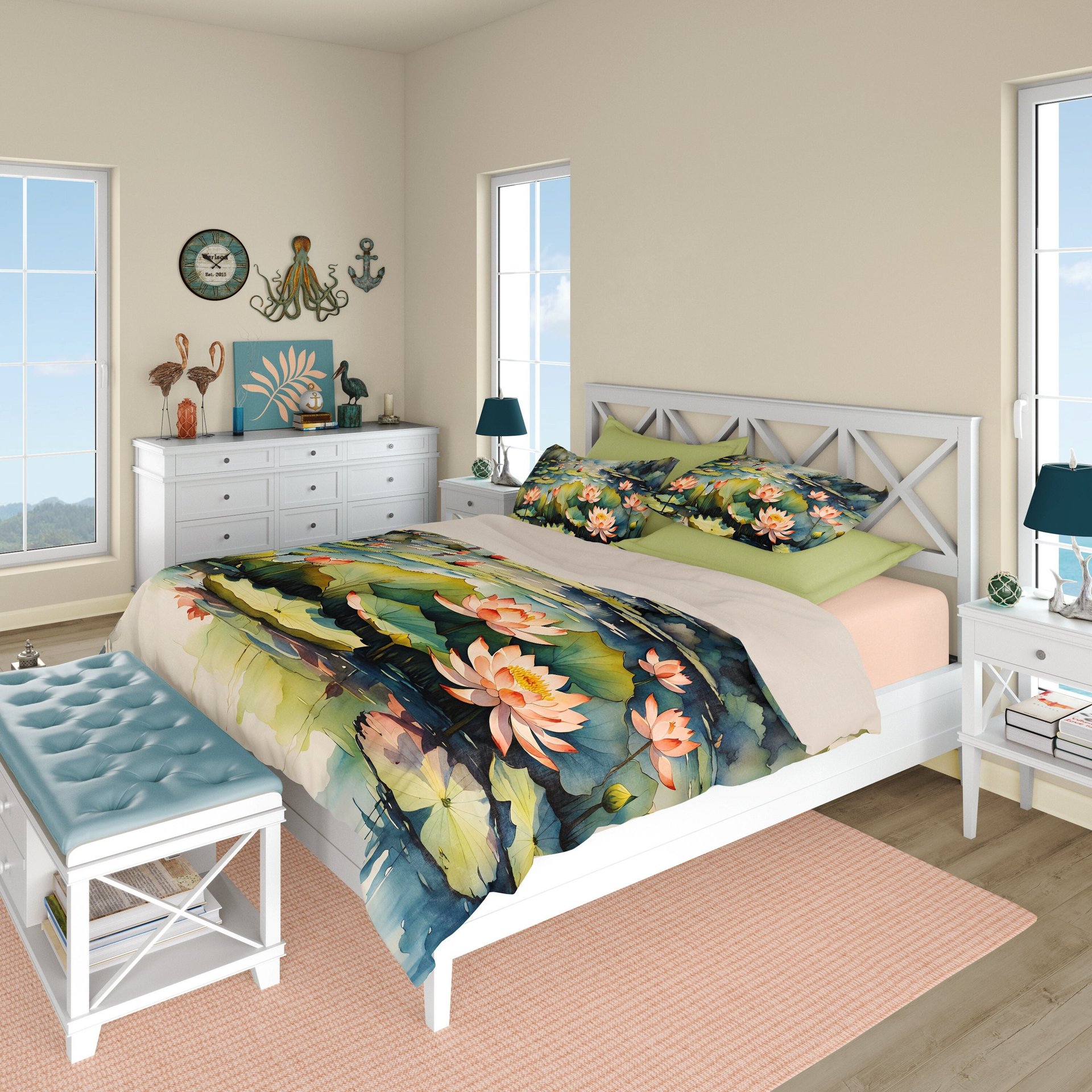 Water lily queen duvet cover with two pillow shams on a bed