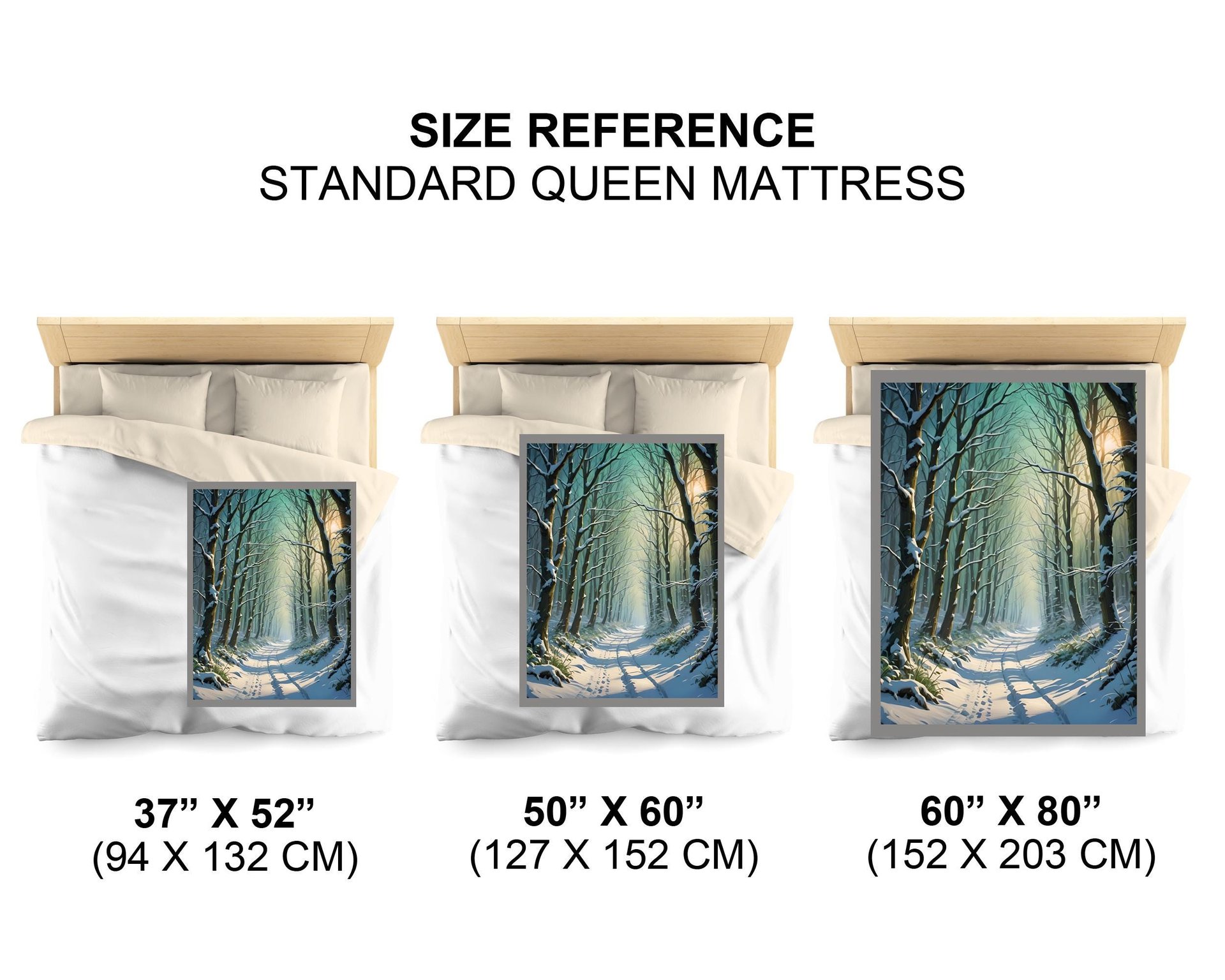 Snowy Forest Path Blanket size chart
