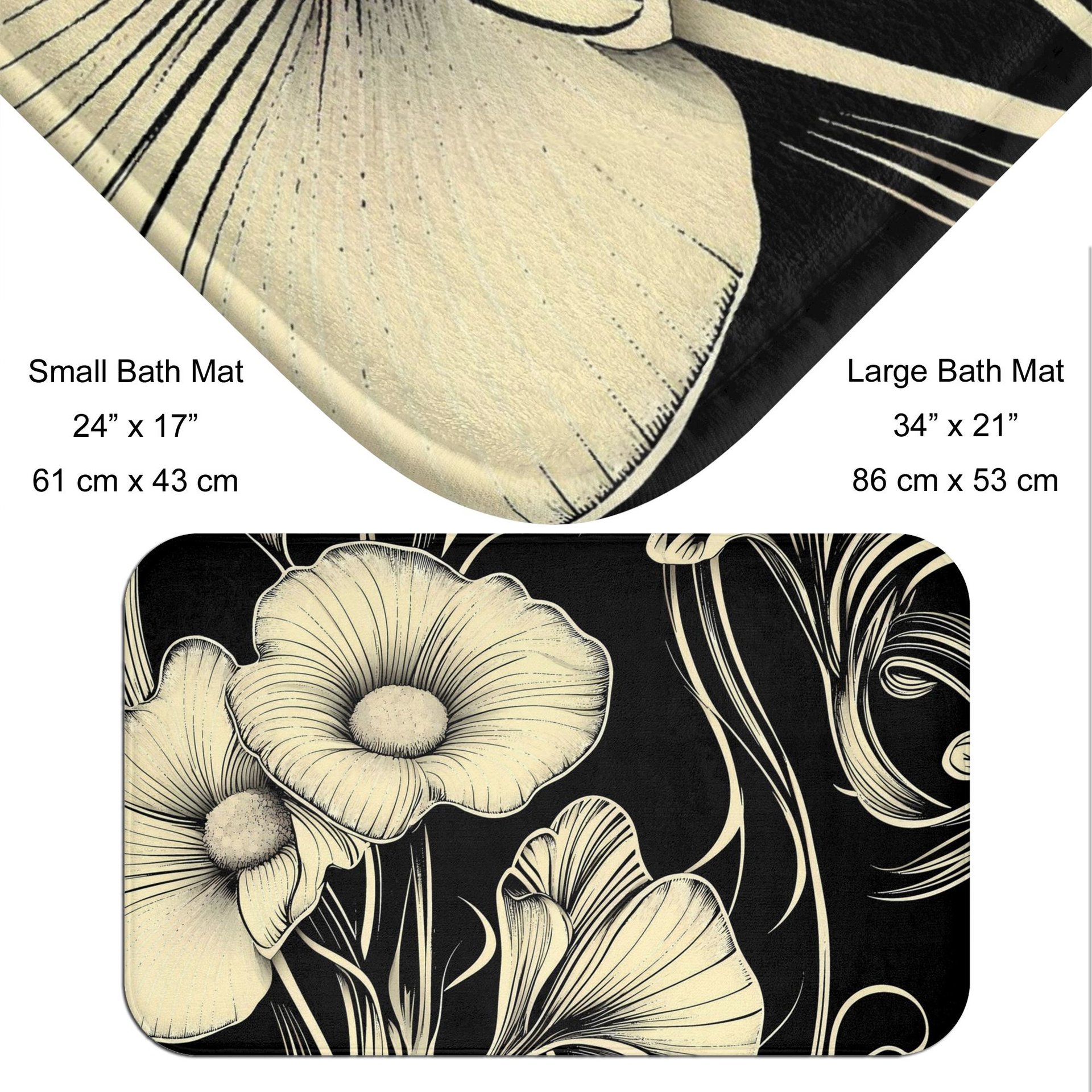 Black & cream floral shower curtain, Bold retro flowers, Art Nouveau bathroom decor, Elegant bath mat optional.