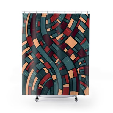 Mid-Century Modern Shower Curtain in teal, burgundy and apricot